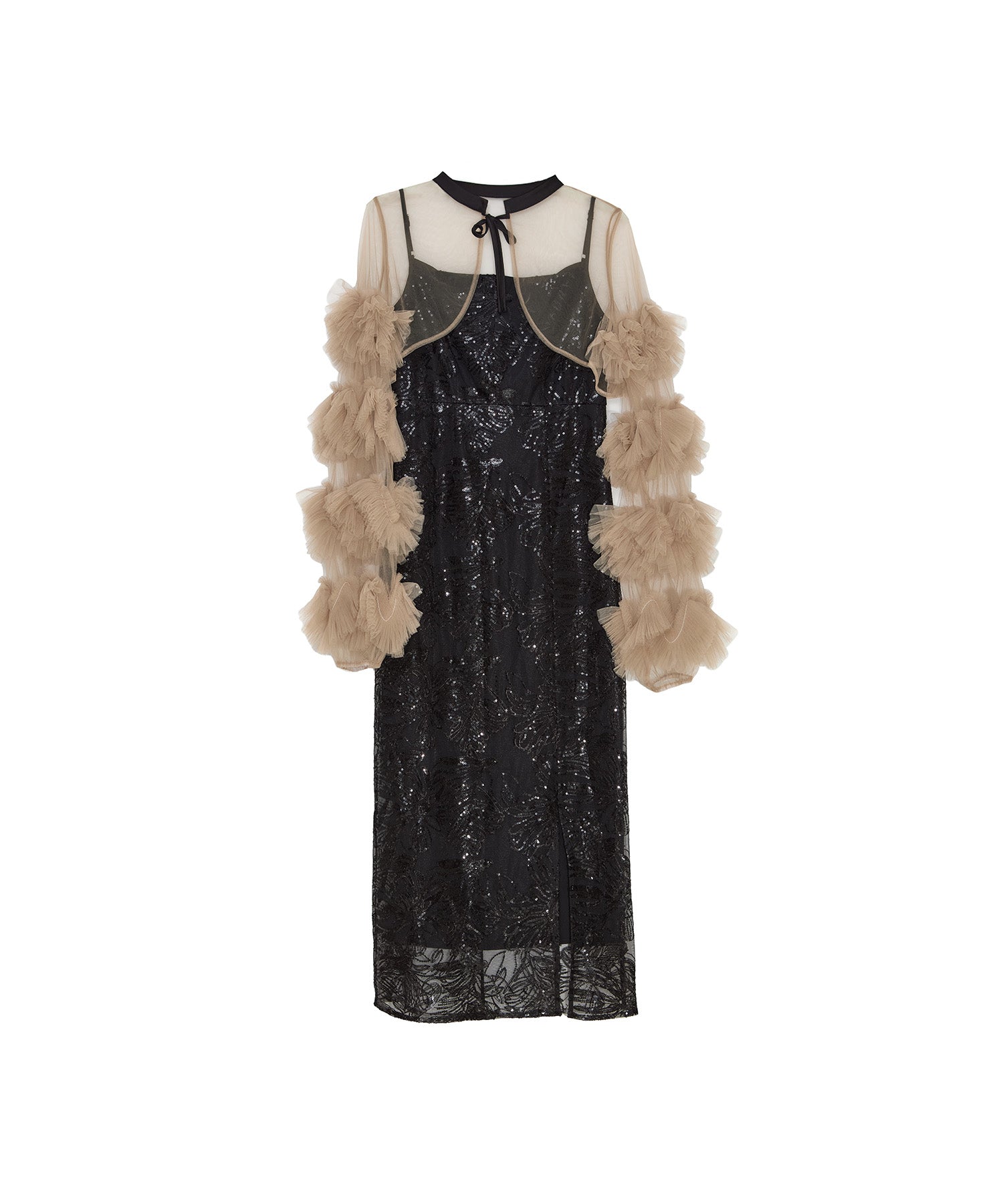 【LEJA】フリル　チュール　スリーブ　リボンIラインワンピースドレス セール】【LEJA】フリルチュールスリーブリボンIライン