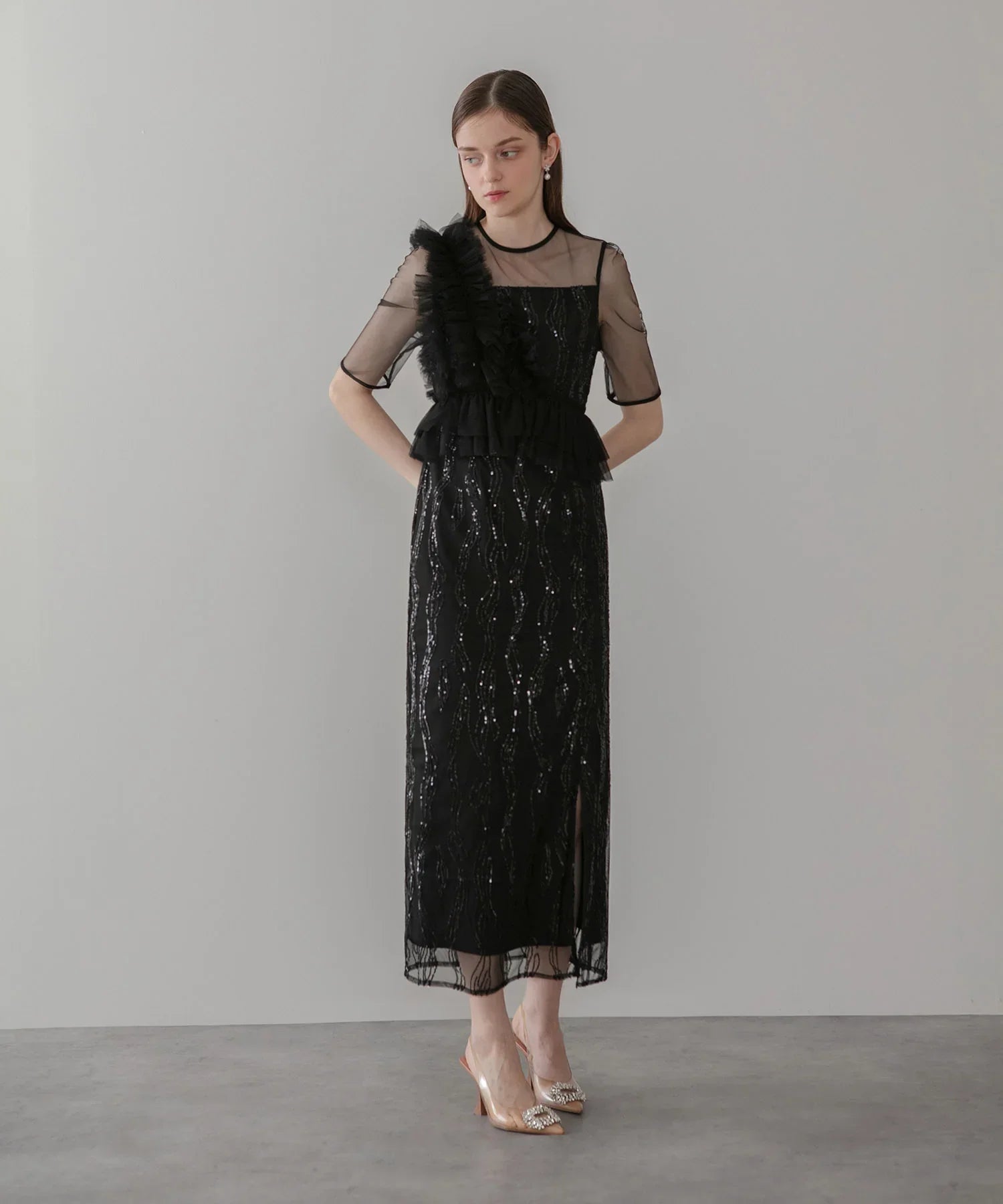 アシンメトリーフリルチュールIラインワンピースドレス結婚式二次会パーティー成人式 当日発送】アシンメトリーフリルチュールIラインワンピースドレス