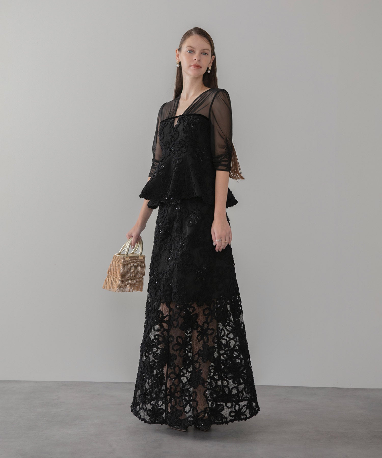 【LEJA LUXE】フラワーレースペプラムセットアップドレス