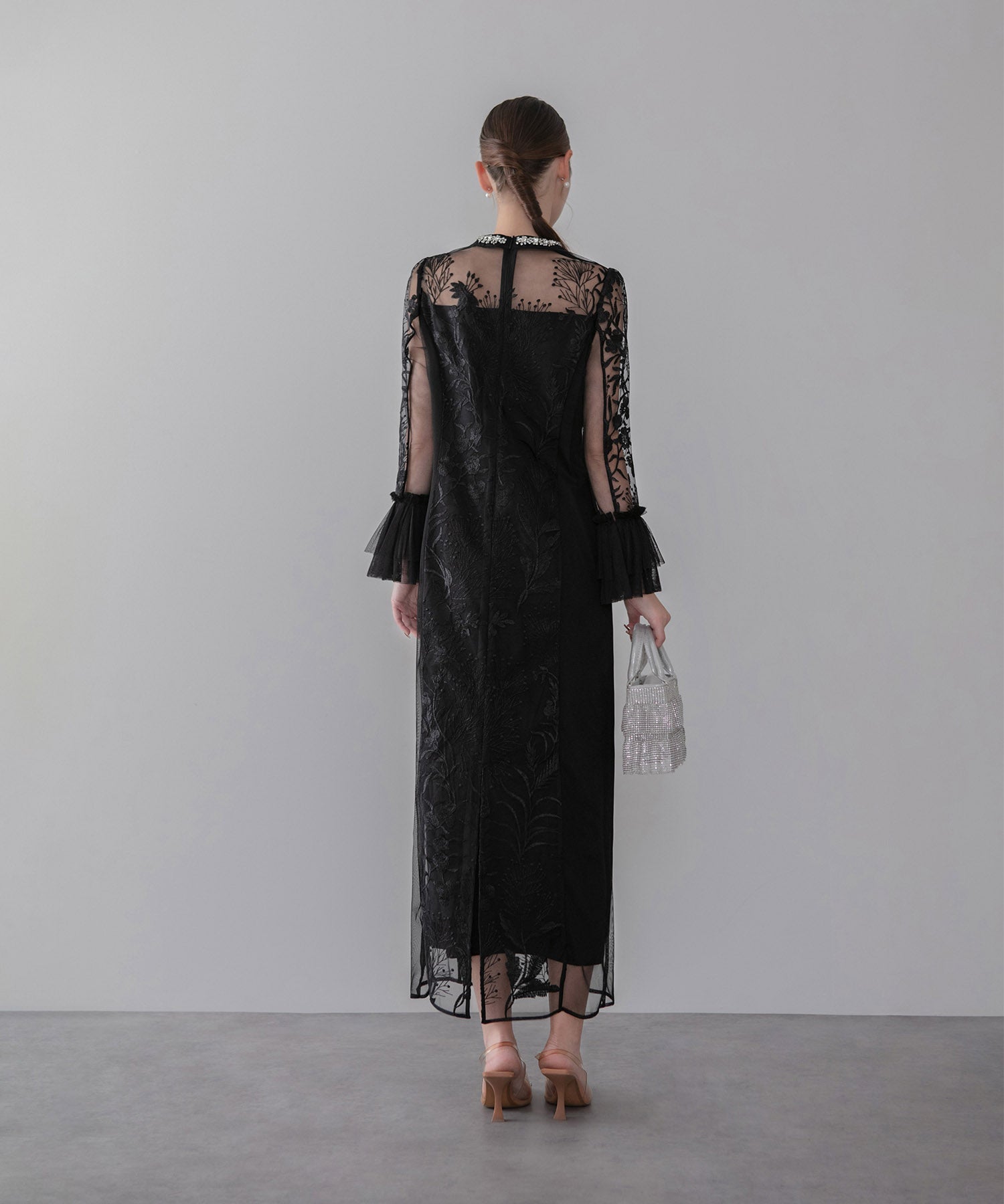 【当日発送】フラワーレースジュエルカラーIラインワンピースドレス