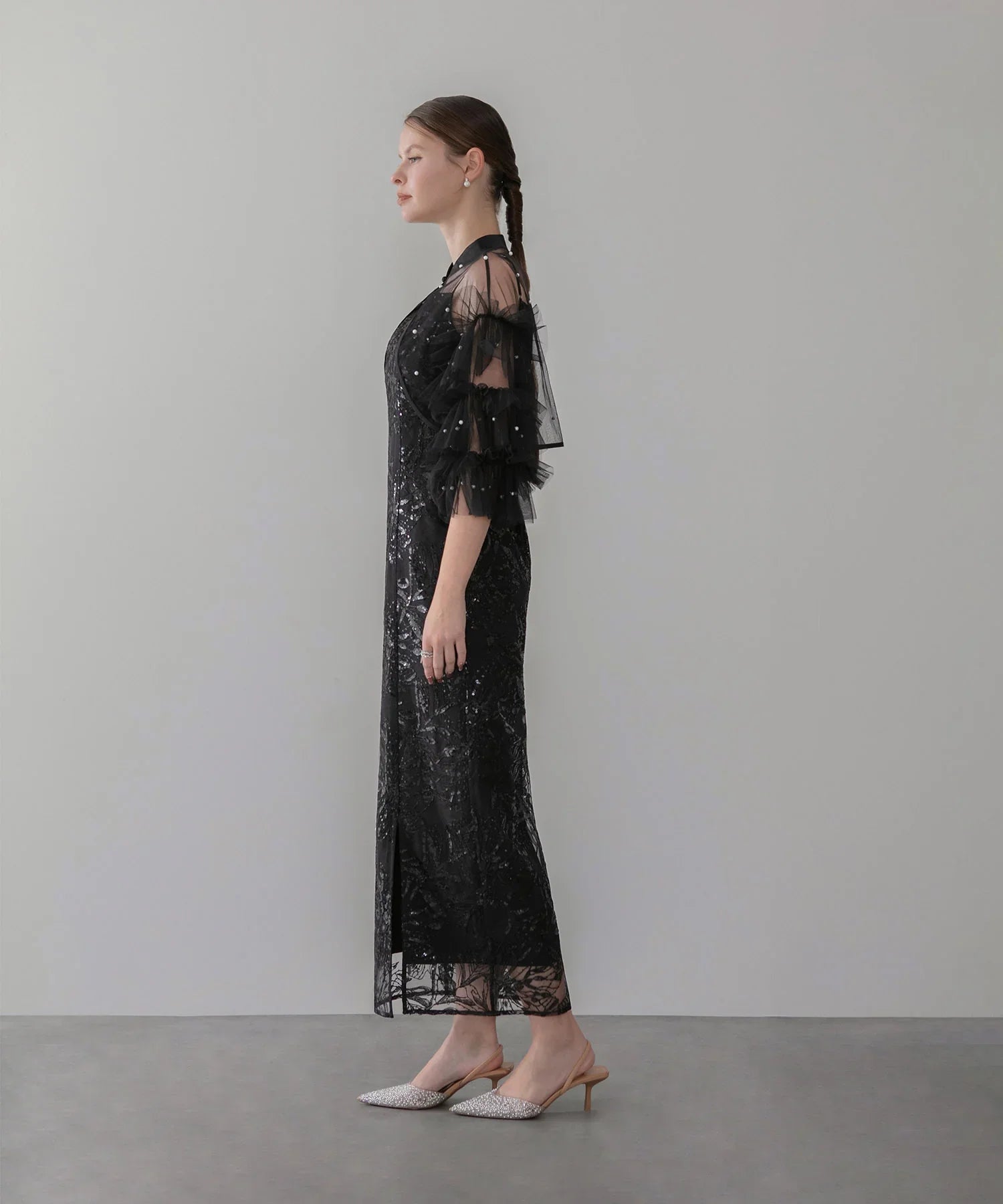 【一部当日発送】パールフリルチュールボレロレイヤードIラインワンピースドレス