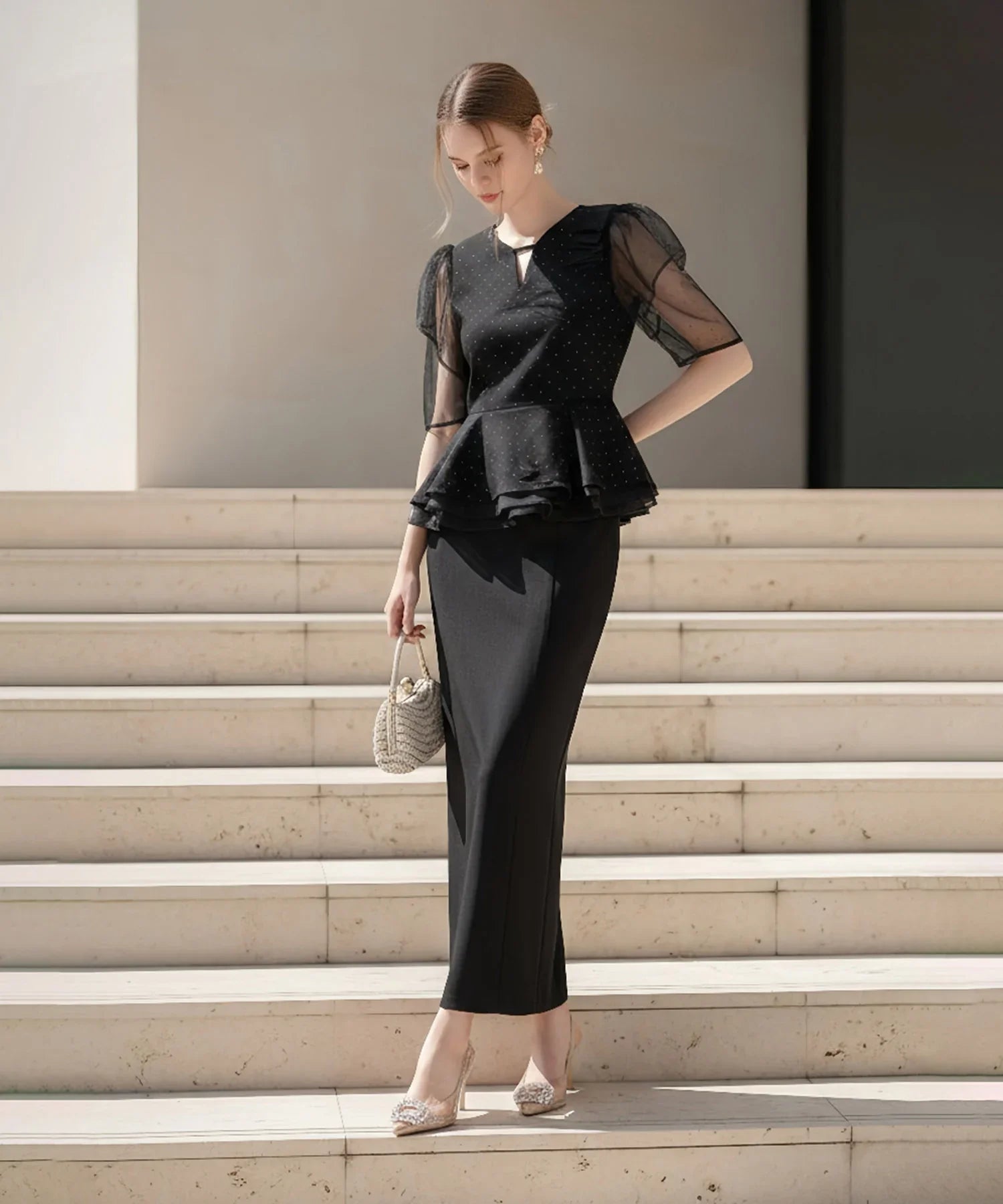 【当日発送】ドットストーンチュールペプラムセパレートIラインドレス