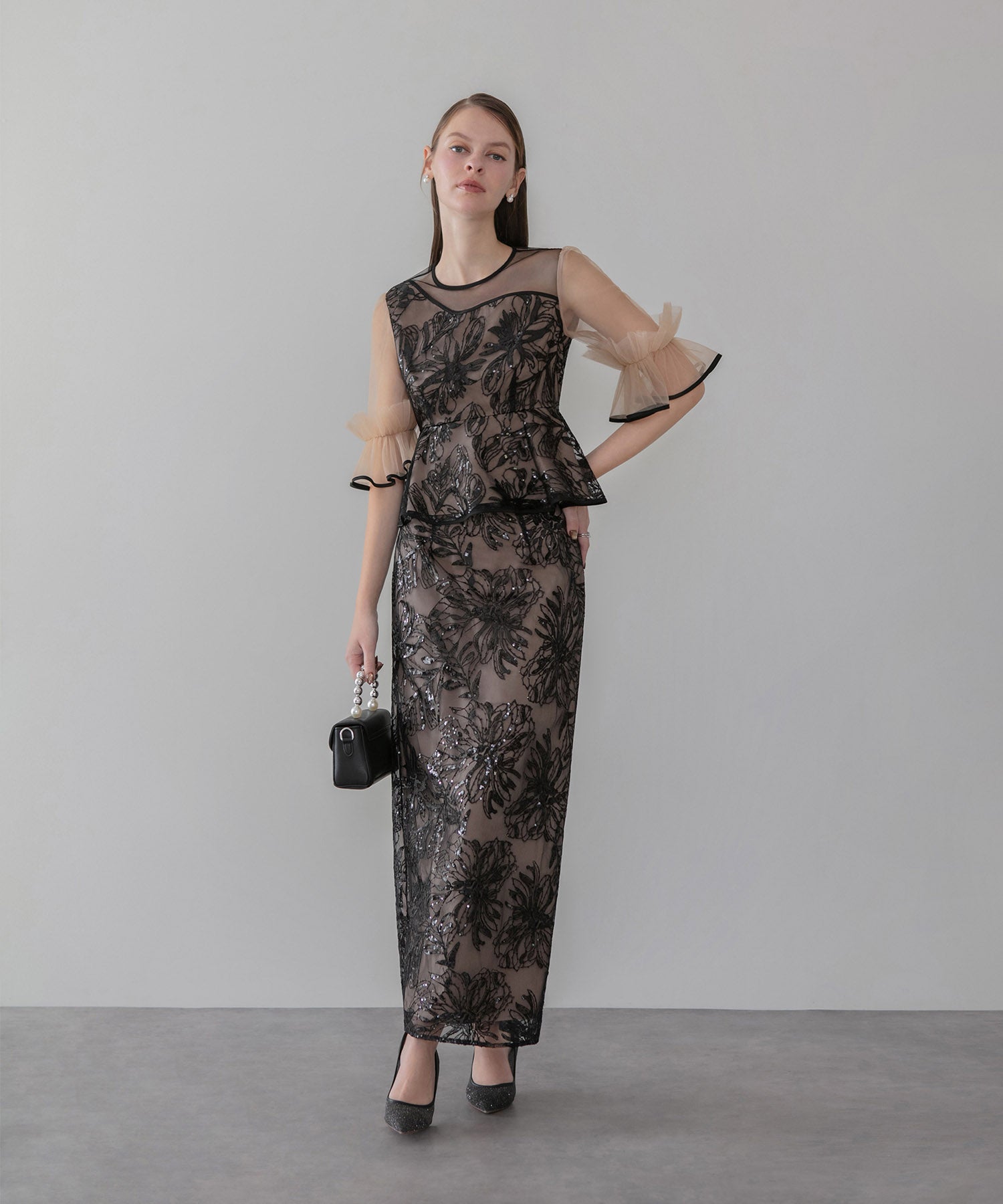 【当日発送】アシンメトリーシアーフラワースパンコールフリルチュール セットアップドレス