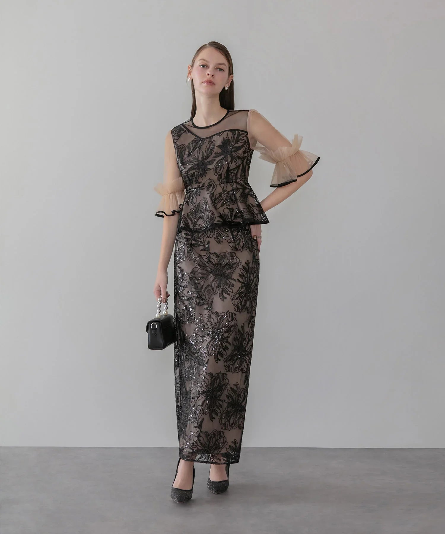 【SOLD OUT】アシンメトリーシアーフラワースパンコールフリルチュール セットアップドレス