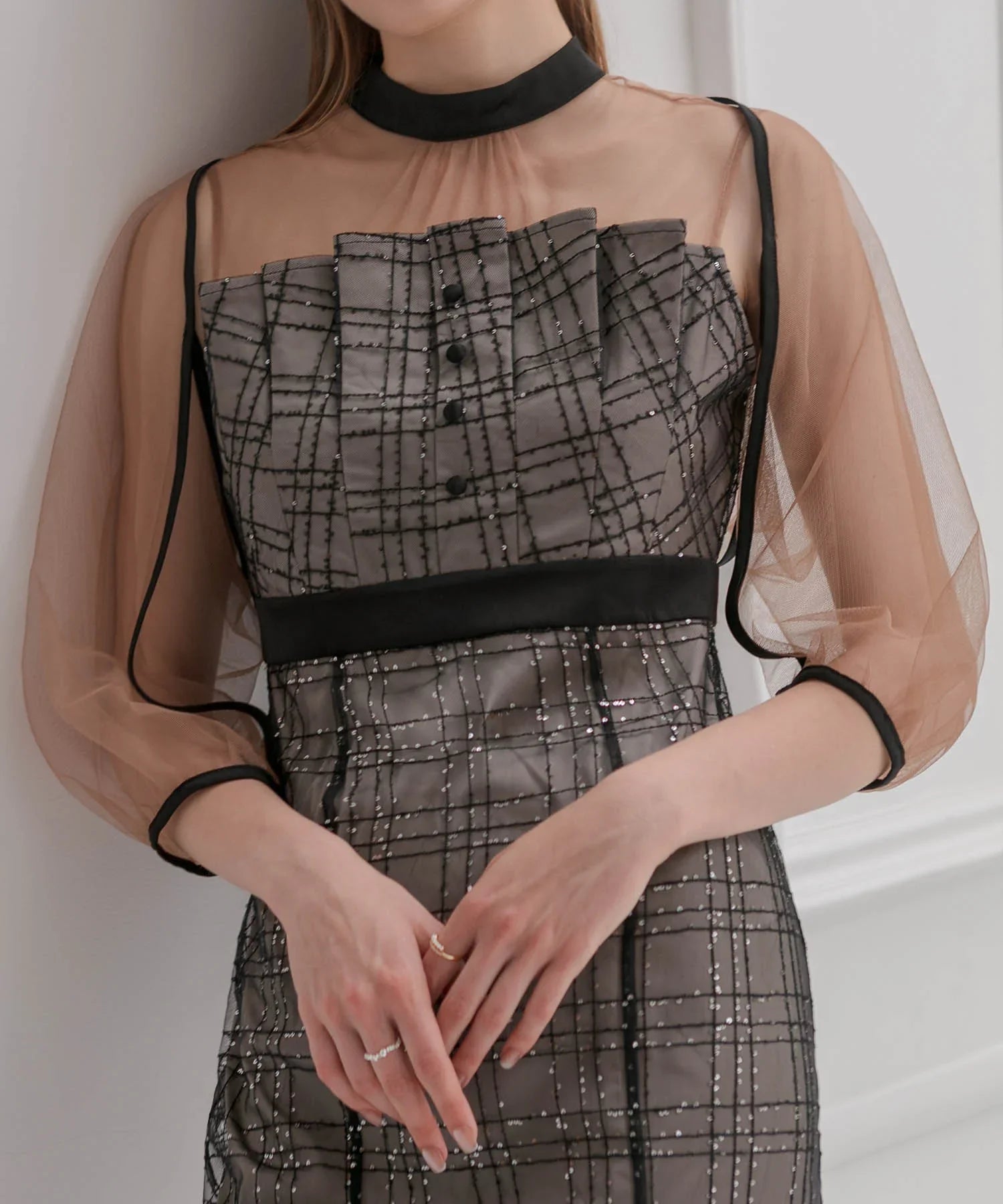 当日発送】ラメチェックチュールボレロIライン結婚式ドレス