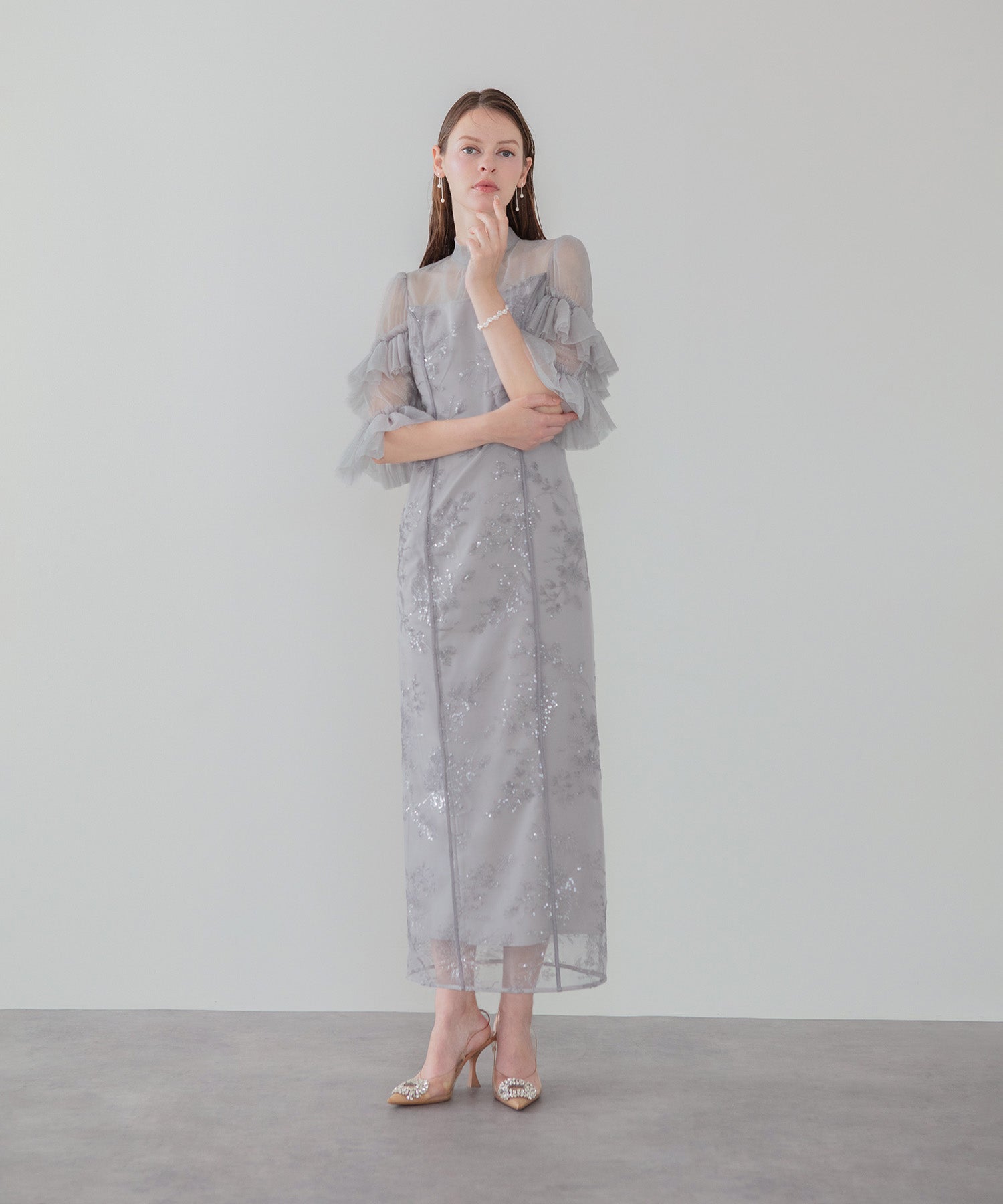 【当日発送】バックリボンオーガンジーフリルスリーブスパンコールIラインワンピースドレス