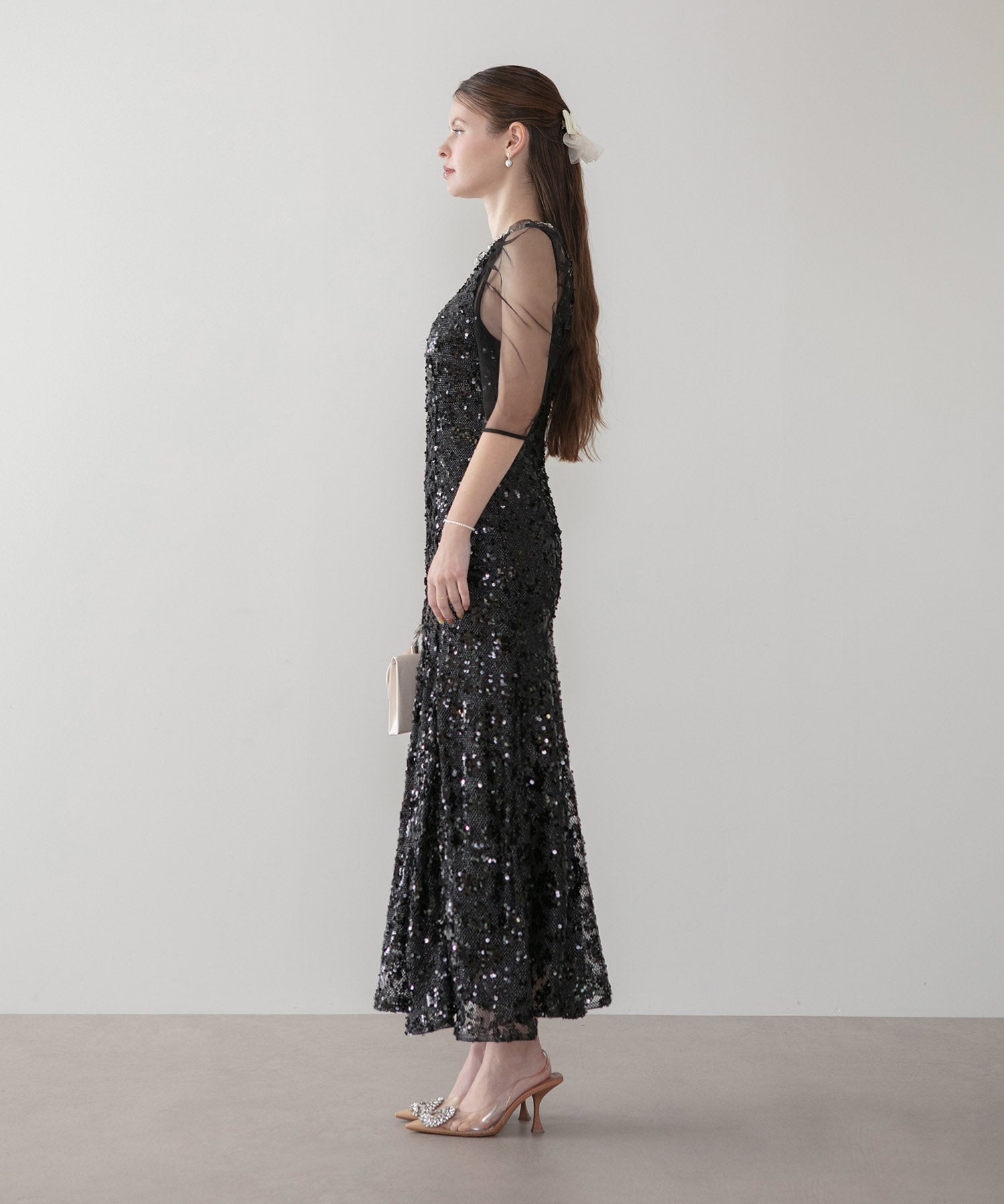 【SOLD OUT】ビジューネックスパンコールシアーマーメイドワンピースドレス