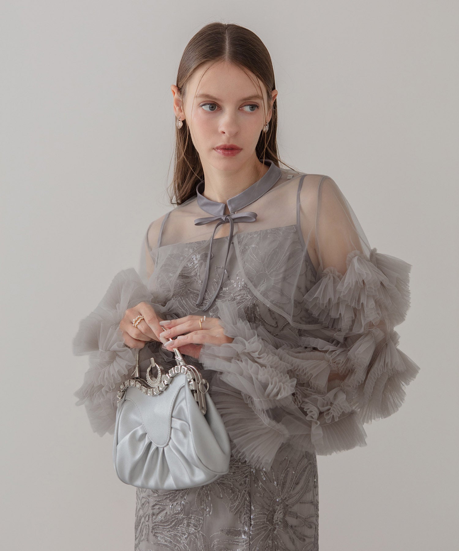 【一部当日発送】フリルチュールスリーブリボンIラインワンピースドレス