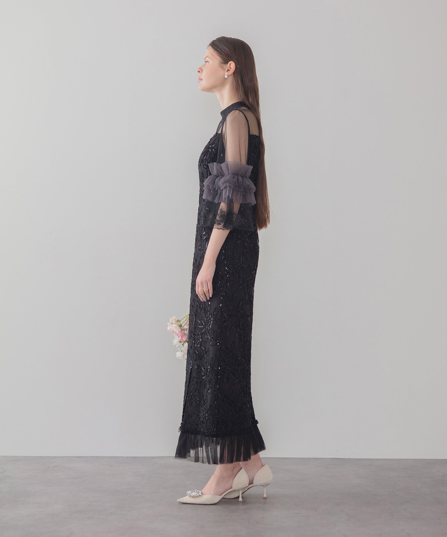 【COMING SOON】シアーチュールフラワーレースIラインワンピースドレス