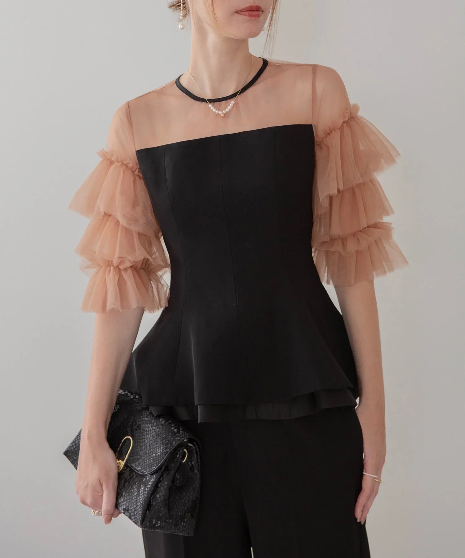 当日発送】チュールスリーブペプラムセットアップパンツドレス