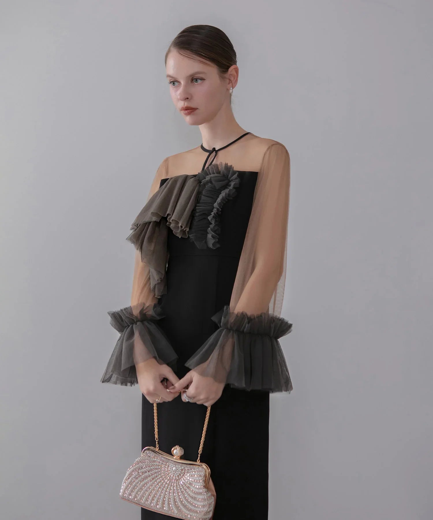 【当日発送】チュールフリルスリーブIラインワンピースドレス