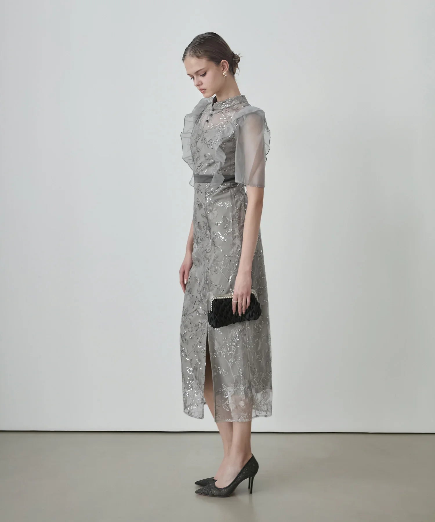 【当日発送】フラワースパンコールシアーフリルIラインワンピースドレス