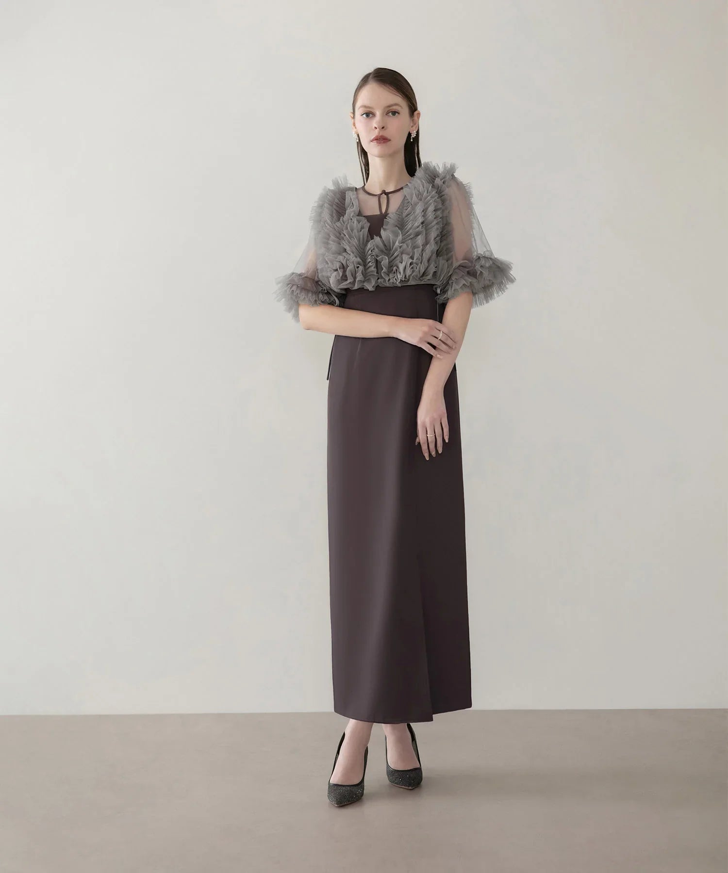 COMING SOON】チュールフリルビスチェIラインワンピースドレス