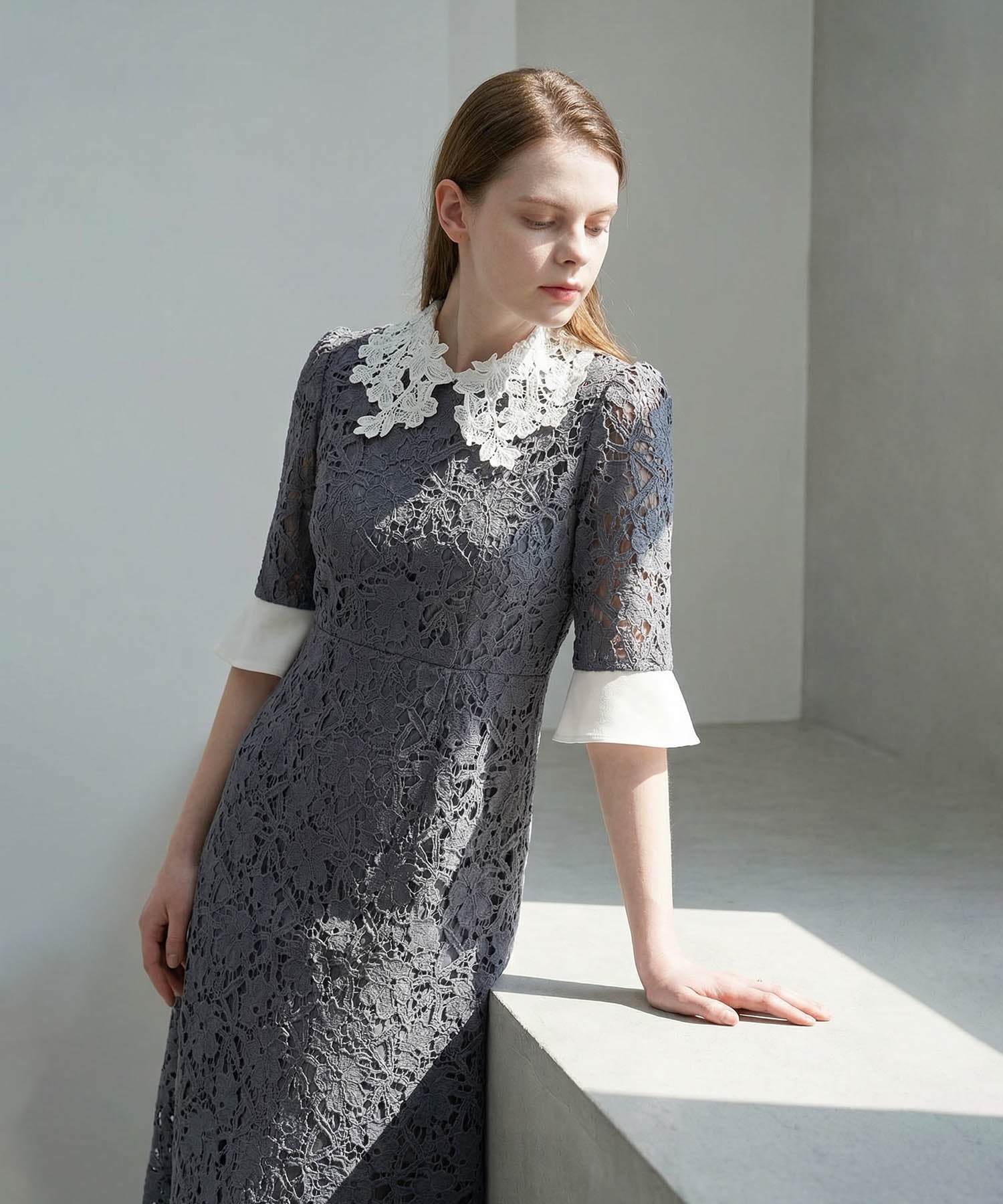 [Same-day shipping] Floral lace collar sequin A-line dress