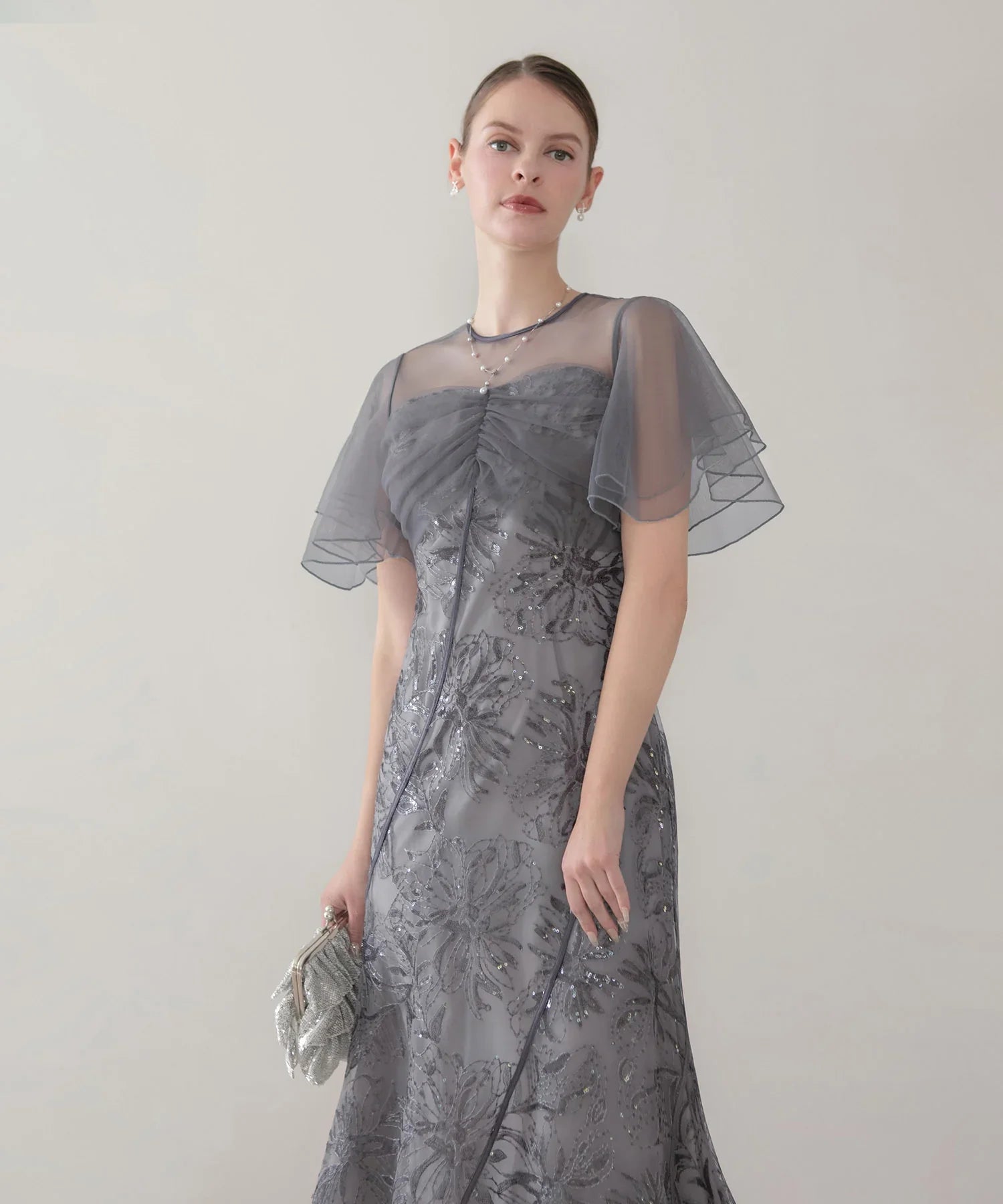 【当日発送】フラワースパンコールチュールフレアスリーブマーメイドワンピースドレス