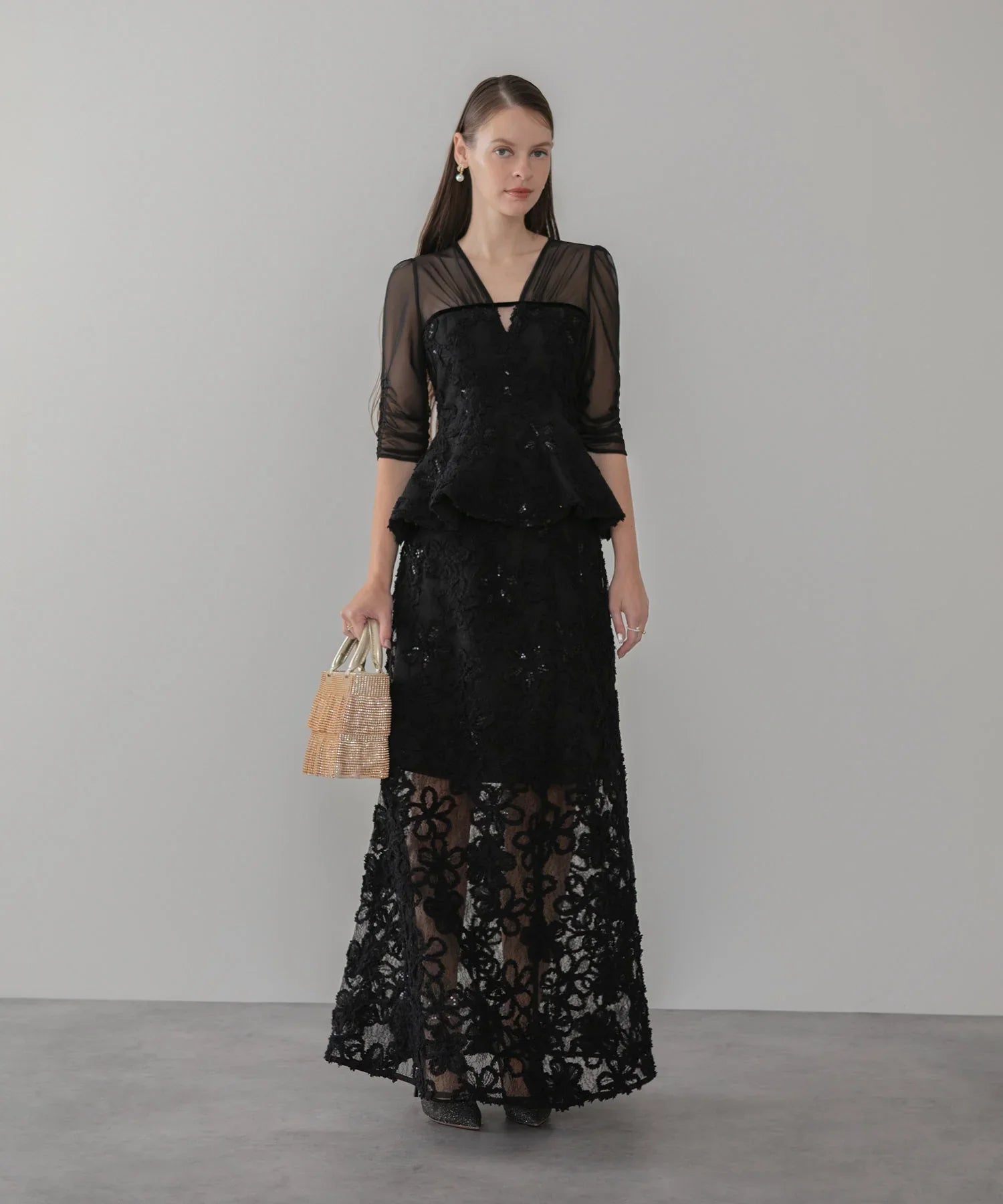 LEJA LUXE】フラワーレースペプラムセットアップドレス