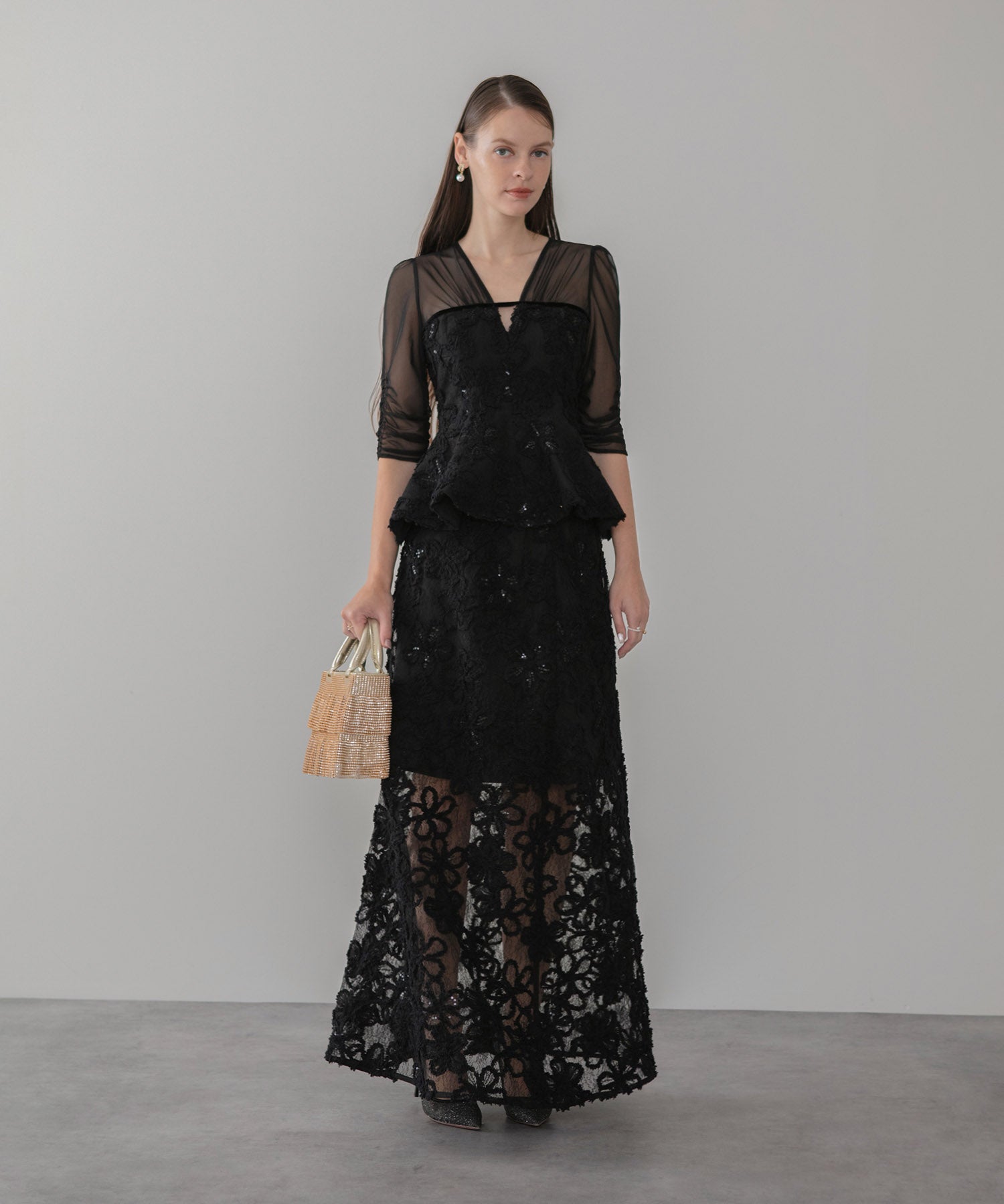 【LEJA LUXE】フラワーレースペプラムセットアップドレス