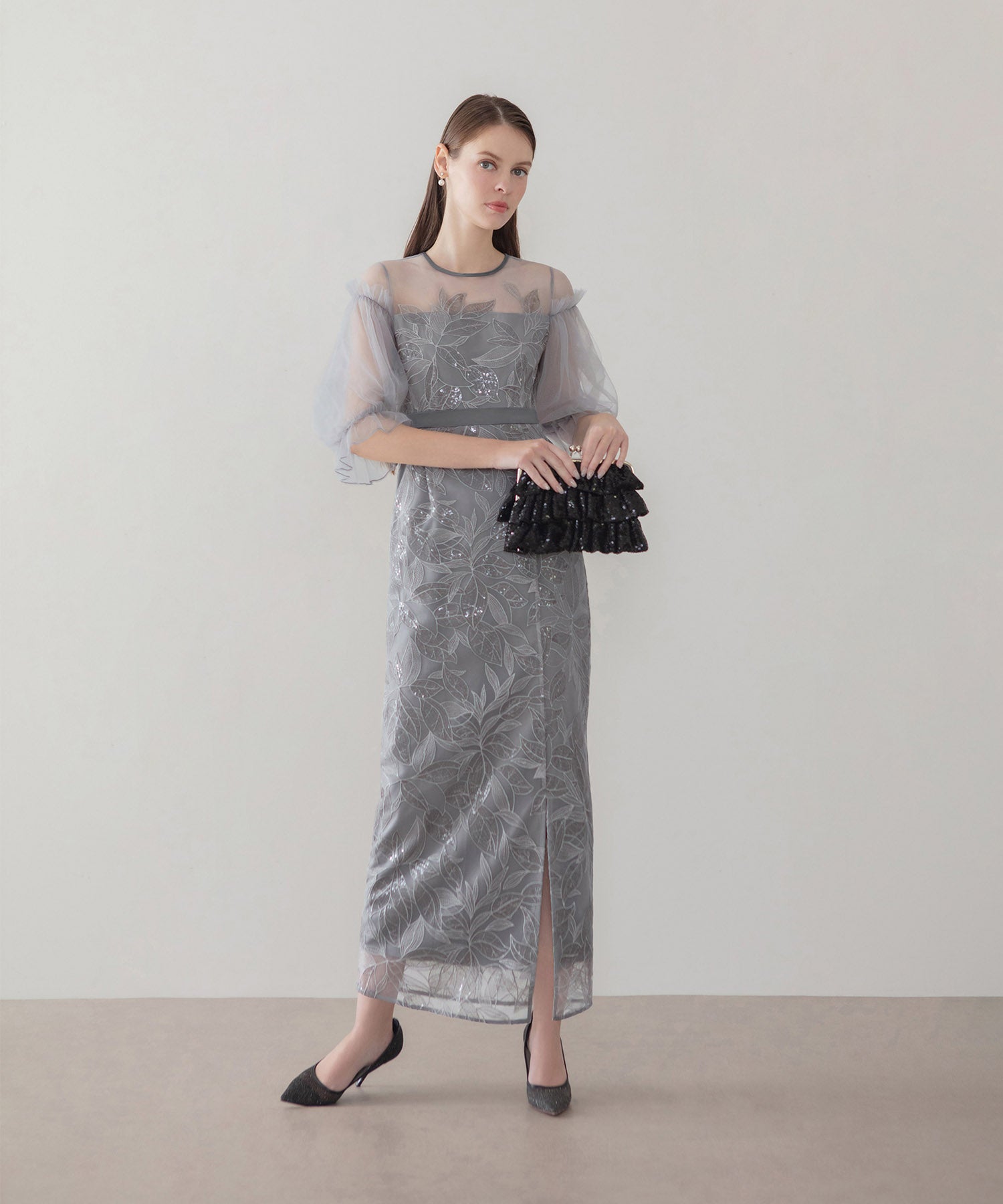 【当日発送】リーフスパンコールチュールパフスリーブIラインワンピースドレス