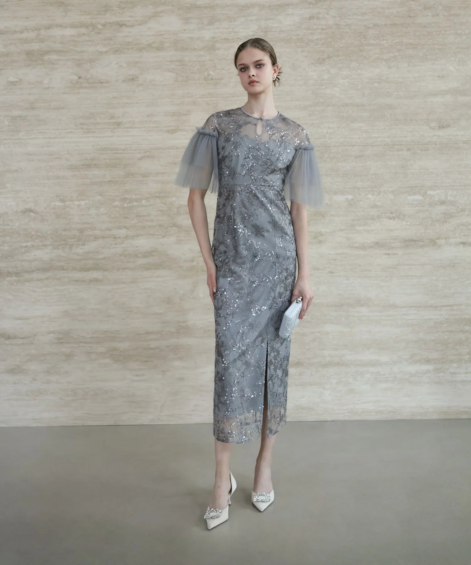 【当日発送】フラワースパンコールチュールスリーブIラインドレス