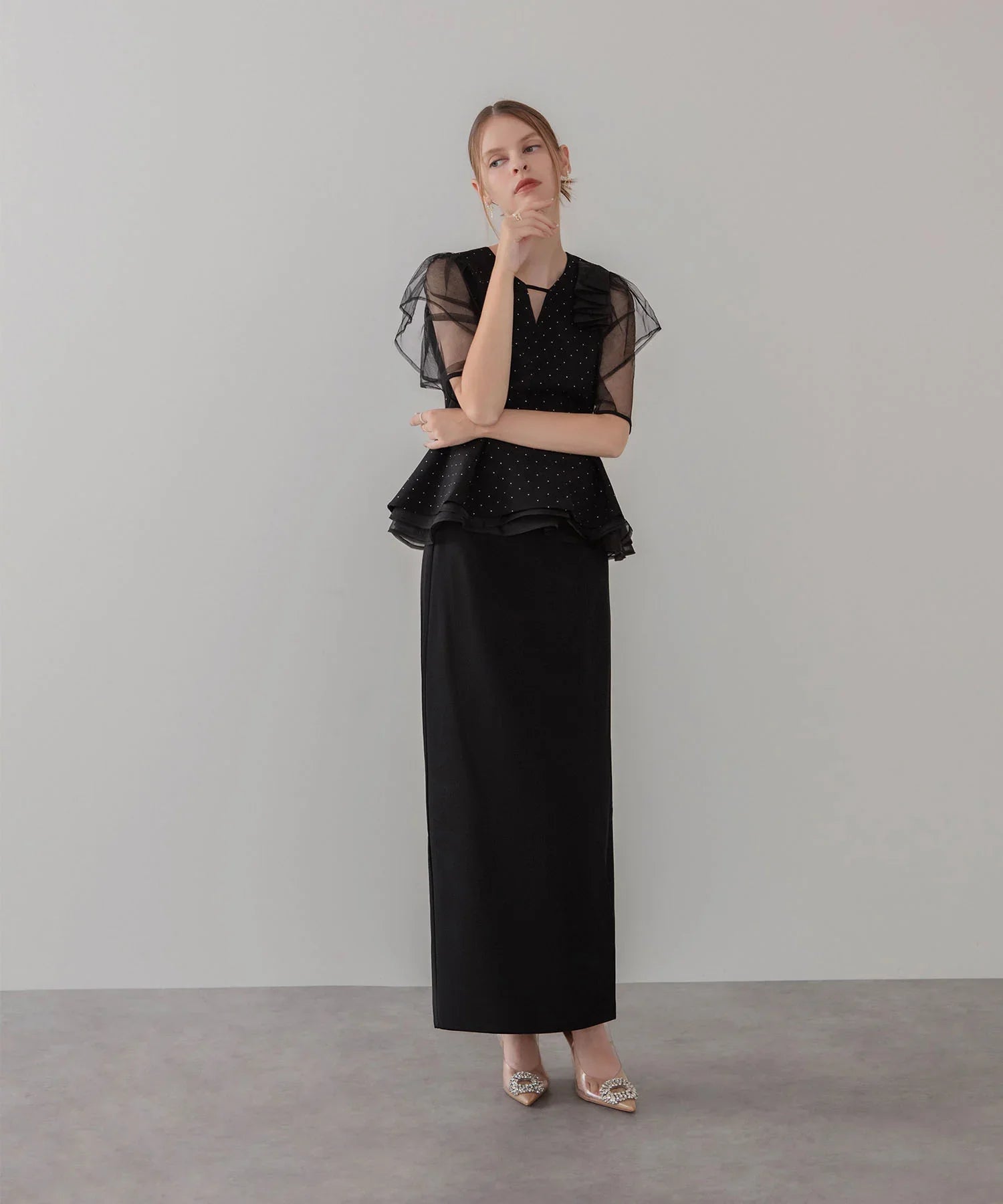 【当日発送】ドットストーンチュールペプラムセパレートIラインドレス
