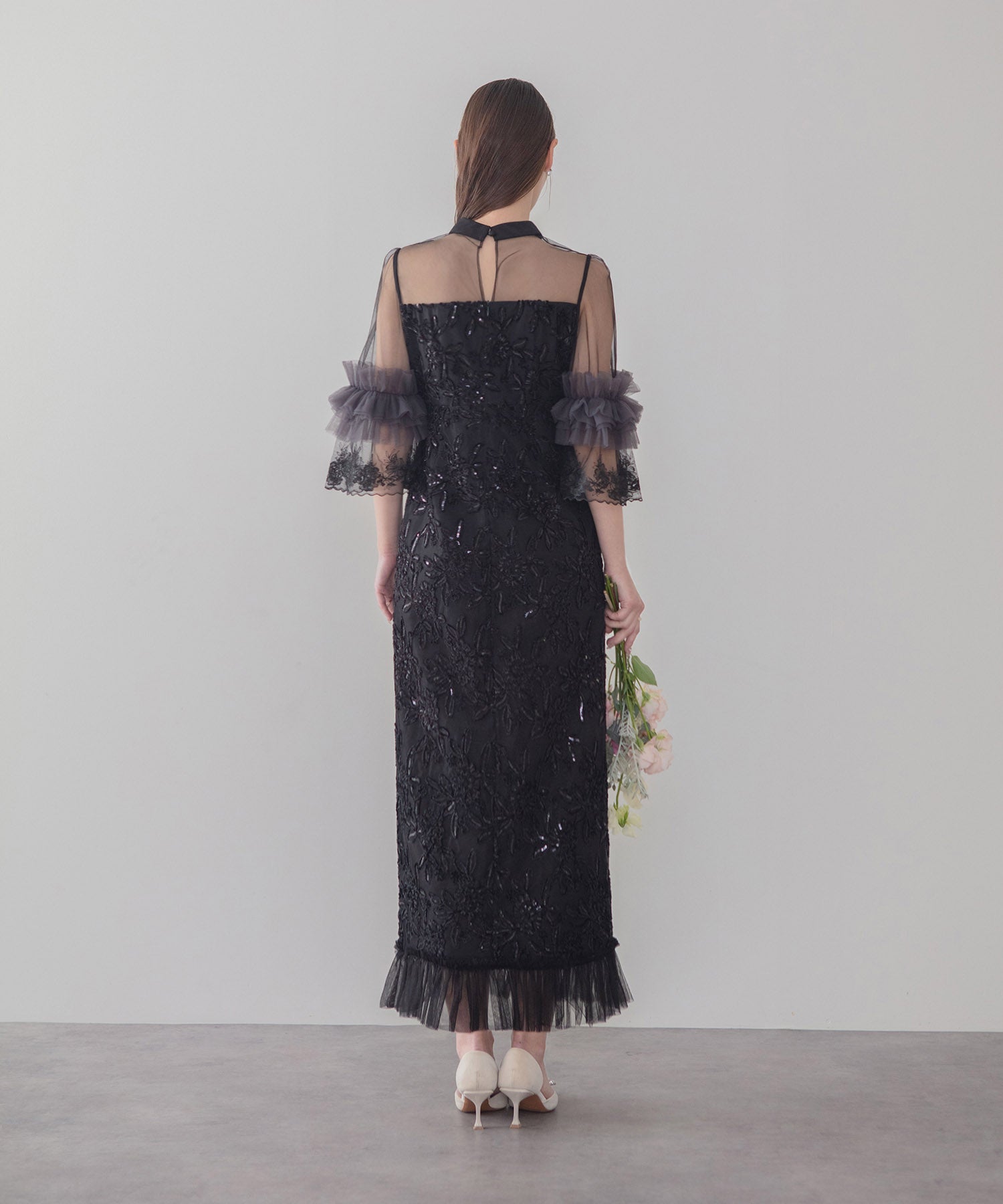 【COMING SOON】シアーチュールフラワーレースIラインワンピースドレス