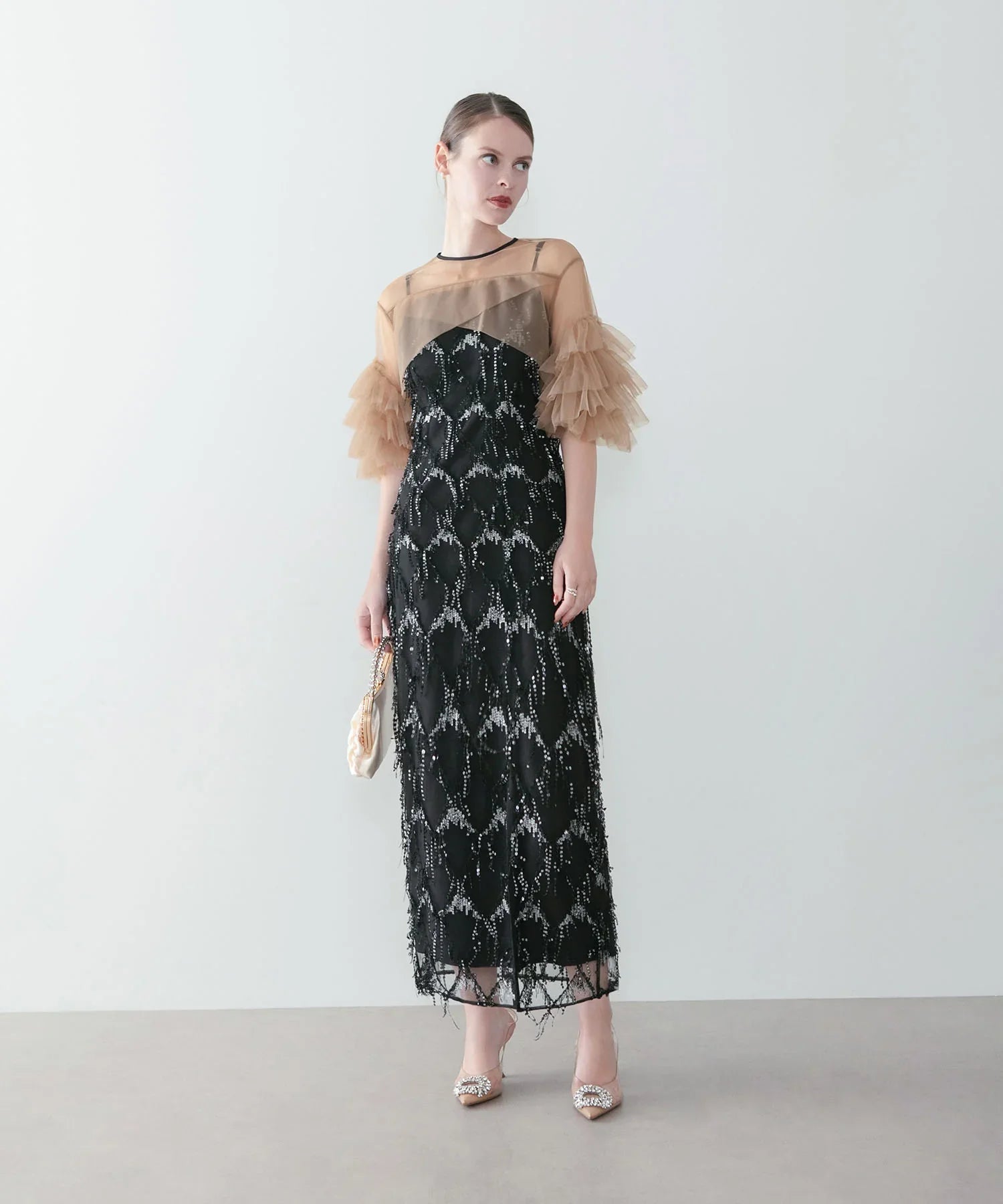 【当日発送】フリルチュールボレロフリンジスパンコールIラインワンピースドレス