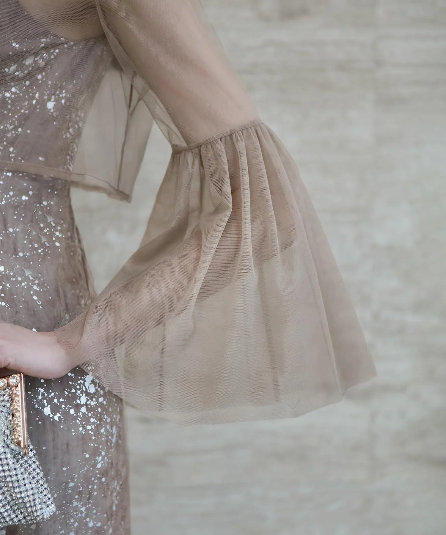 【一部当日発送】シアーチュールベルスリーブペイントIラインワンピースドレス