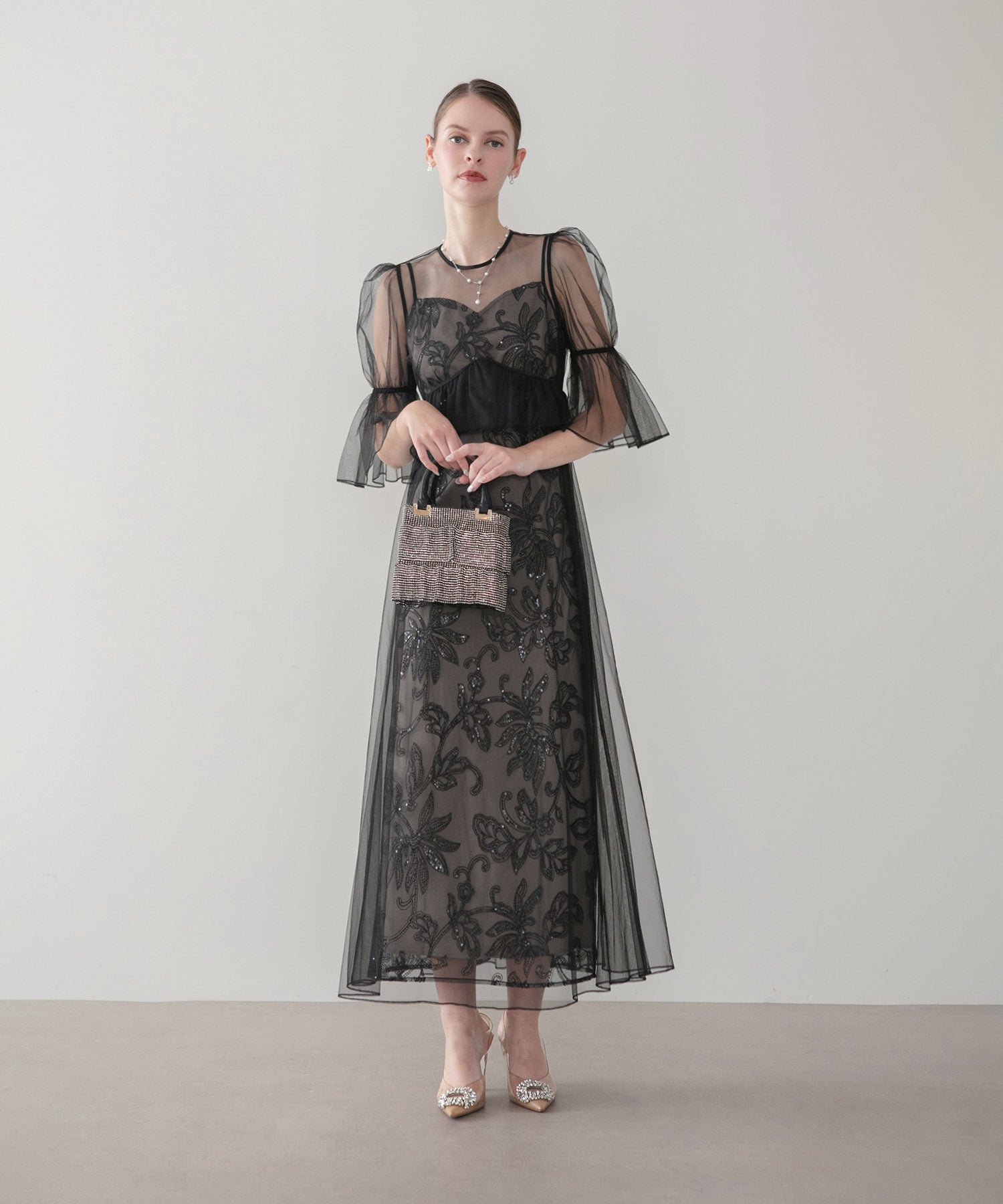 【COMING SOON】フラワースパンコールチュールシアーワンピースキャミワンピースドレス