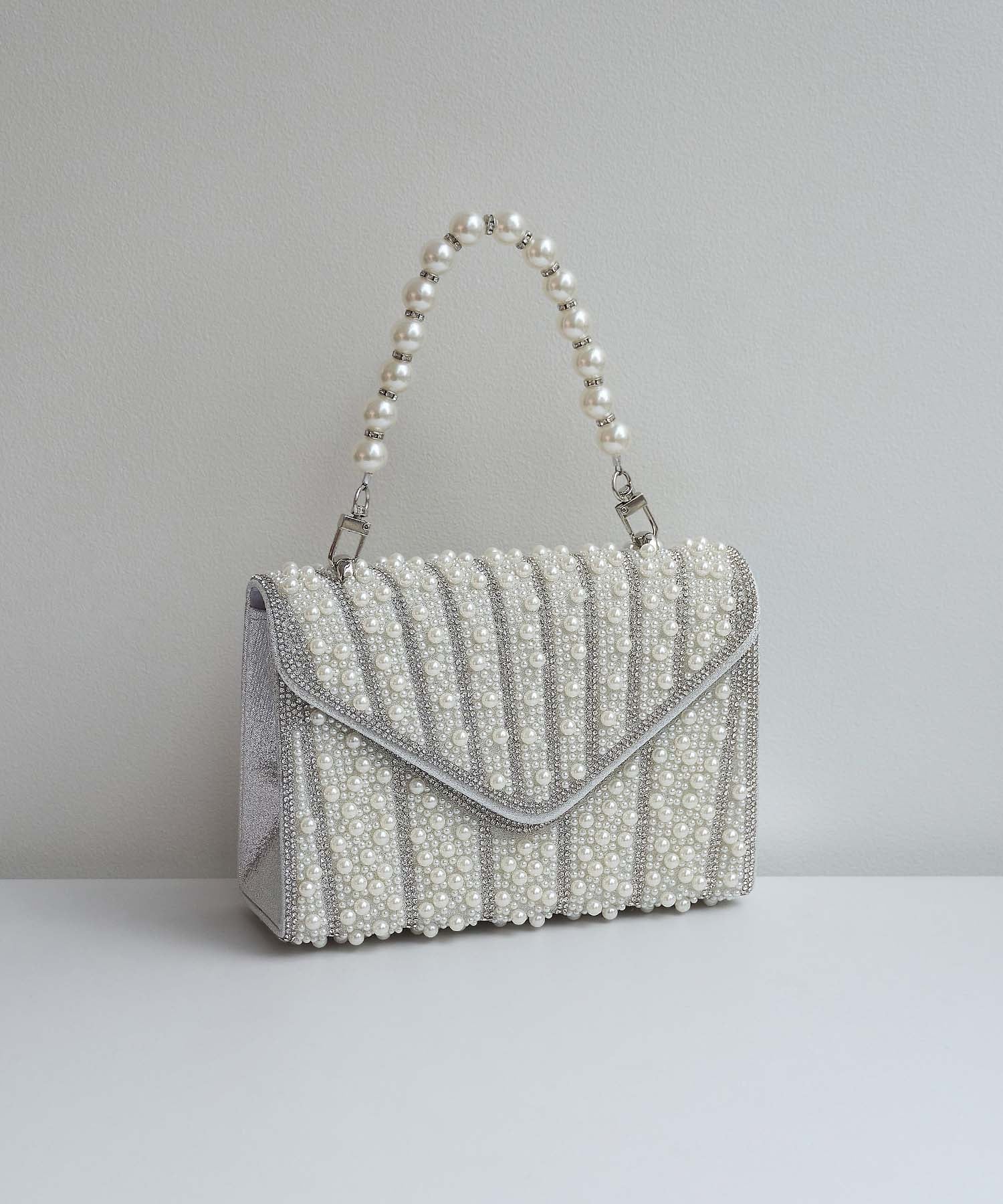 【当日発送】3WAYオールパールビジュー ストライプデザインバッグ