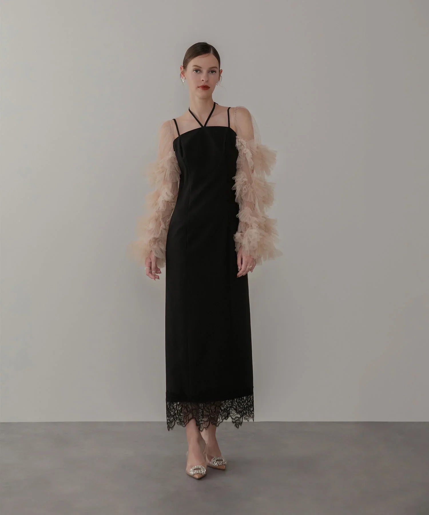 【当日発送】チュールフリルスリーブベストセットワンピースドレス