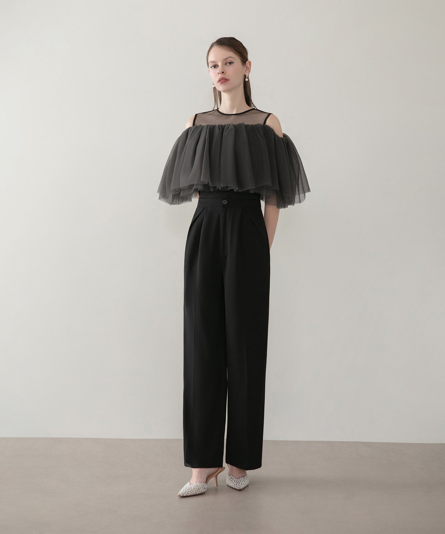 【当日発送】シアーチュールオフショルダーセットアップパンツドレス