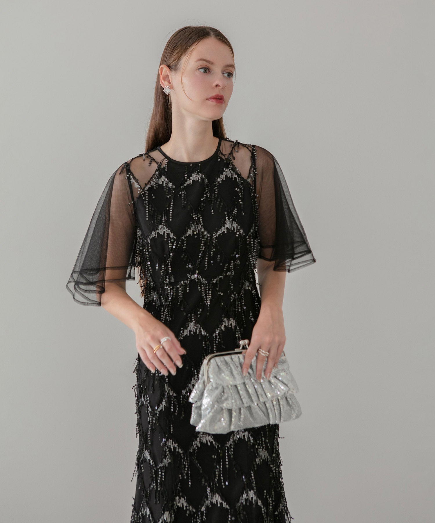 【当日発送】チュールスリーブスパンコールマーメイドワンピースドレス