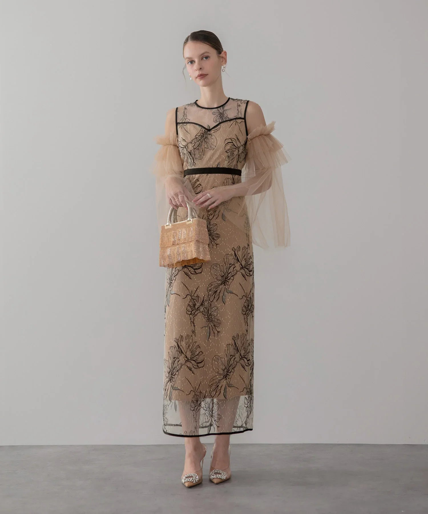 【当日発送】フラワーチュールフリルスリーブIラインワンピースドレス