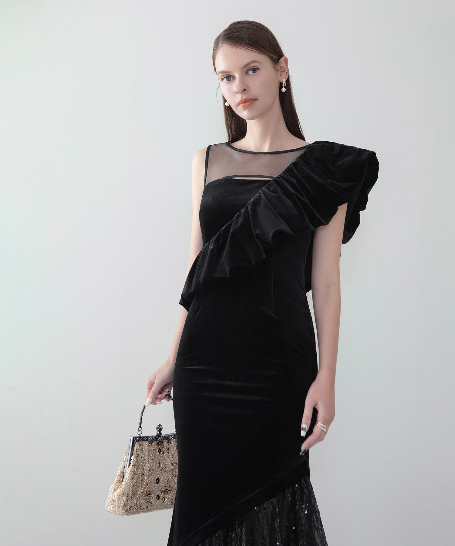 LEJA LUXE】2WAYアシンメトリーフリルベロアマーメイドドレス