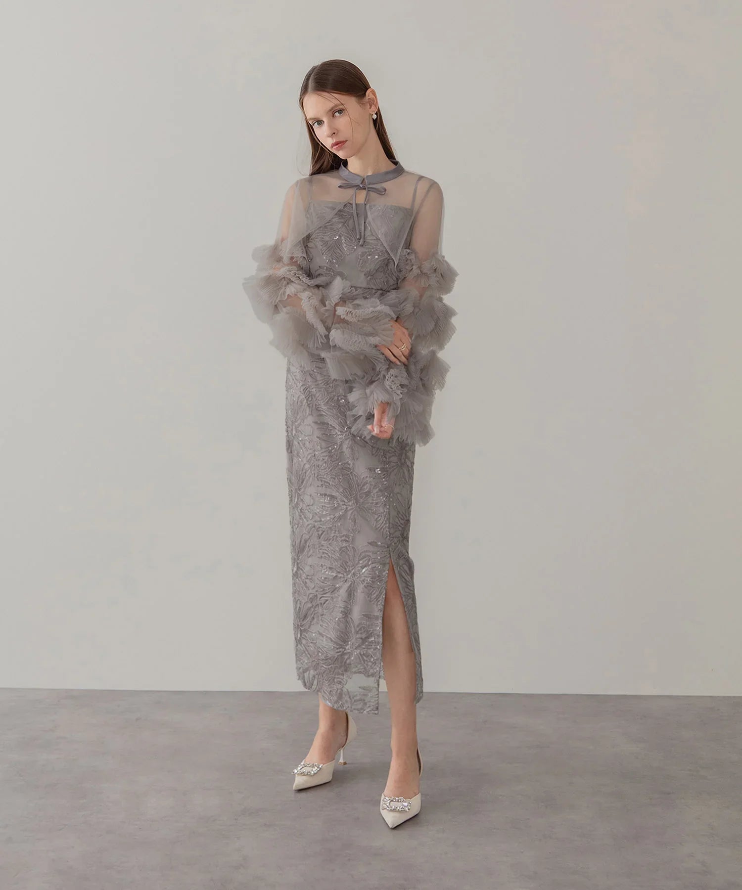 【一部当日発送】フリルチュールスリーブリボンIラインワンピースドレス