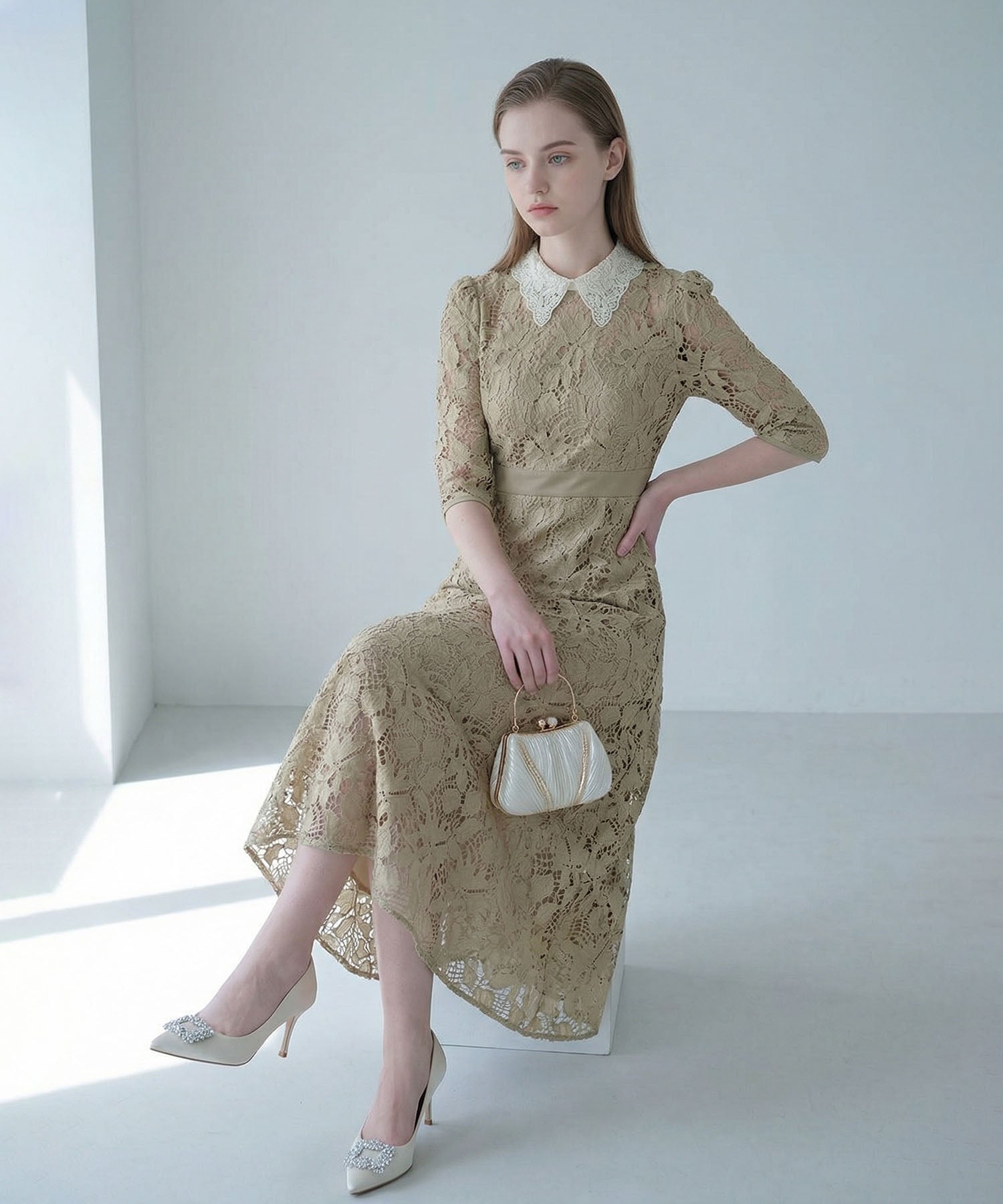 【当日発送】花柄レースビジューカラーAラインワンピースドレス