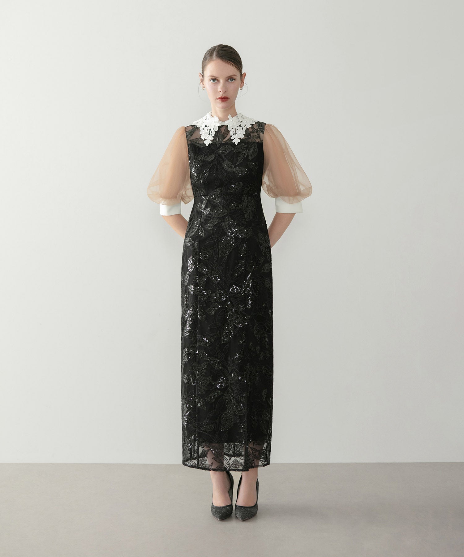 【当日発送】レースカラーリーフスパンコールパフスリーブIラインワンピースドレス