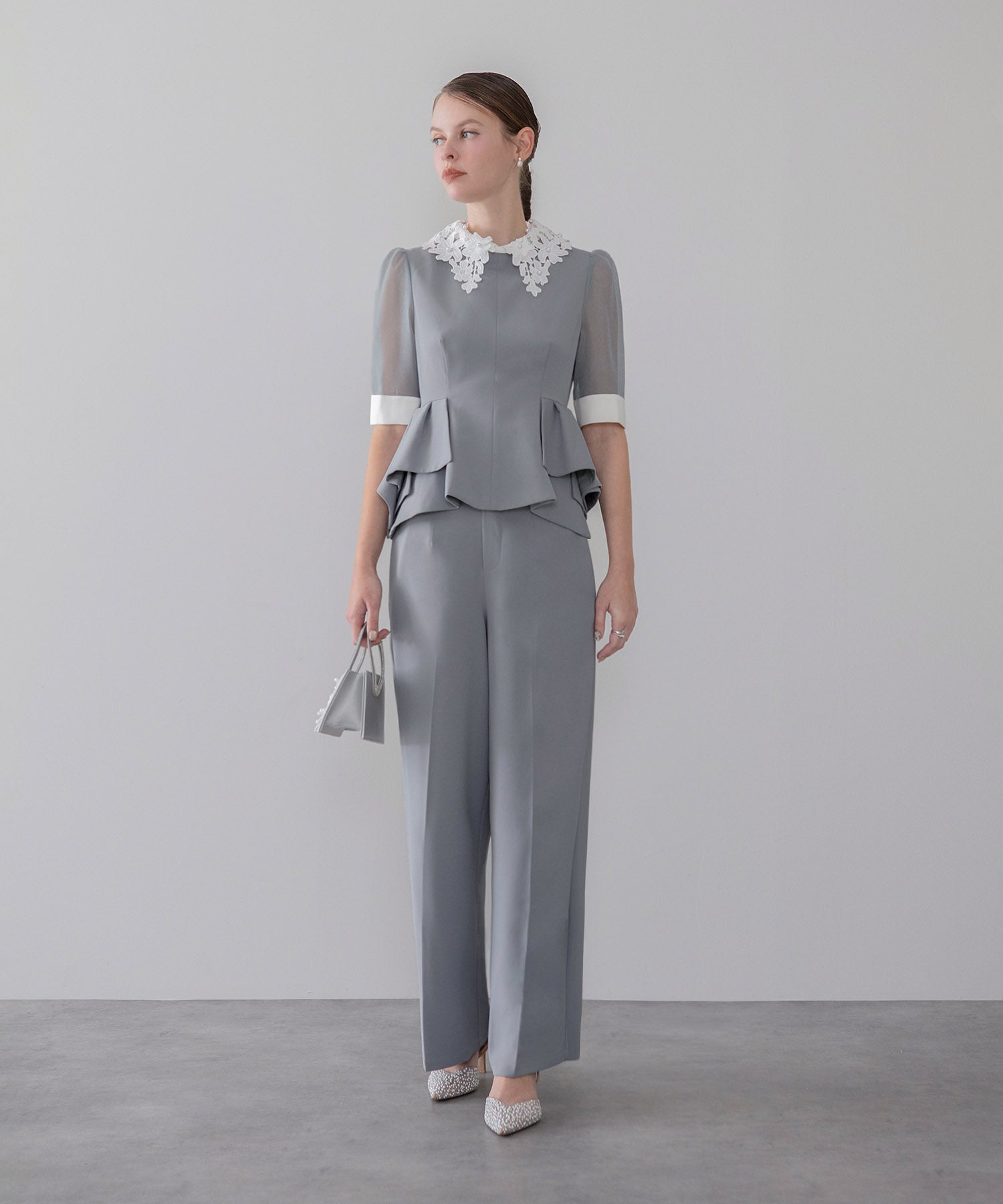 【当日発送】レースカラーペプラムブラウスパンツセットアップドレス