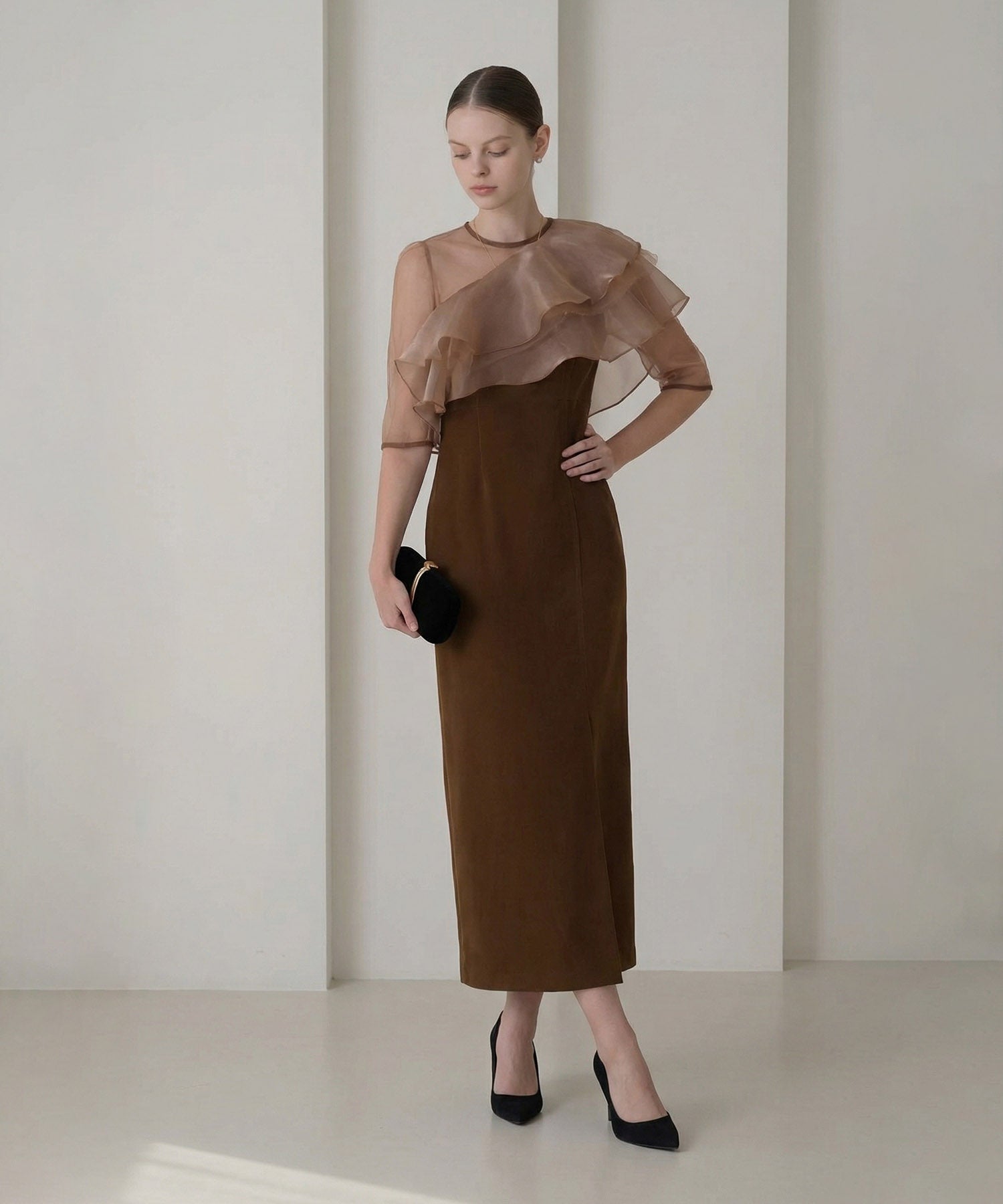 [Same-day shipping] Asymmetrical tiered frill 3-way velour dress