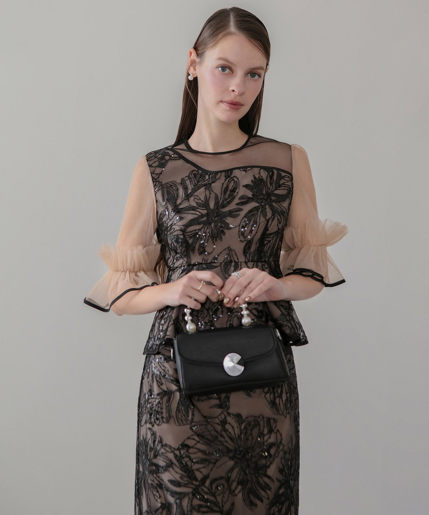 【当日発送】アシンメトリーシアーフラワースパンコールフリルチュール セットアップドレス