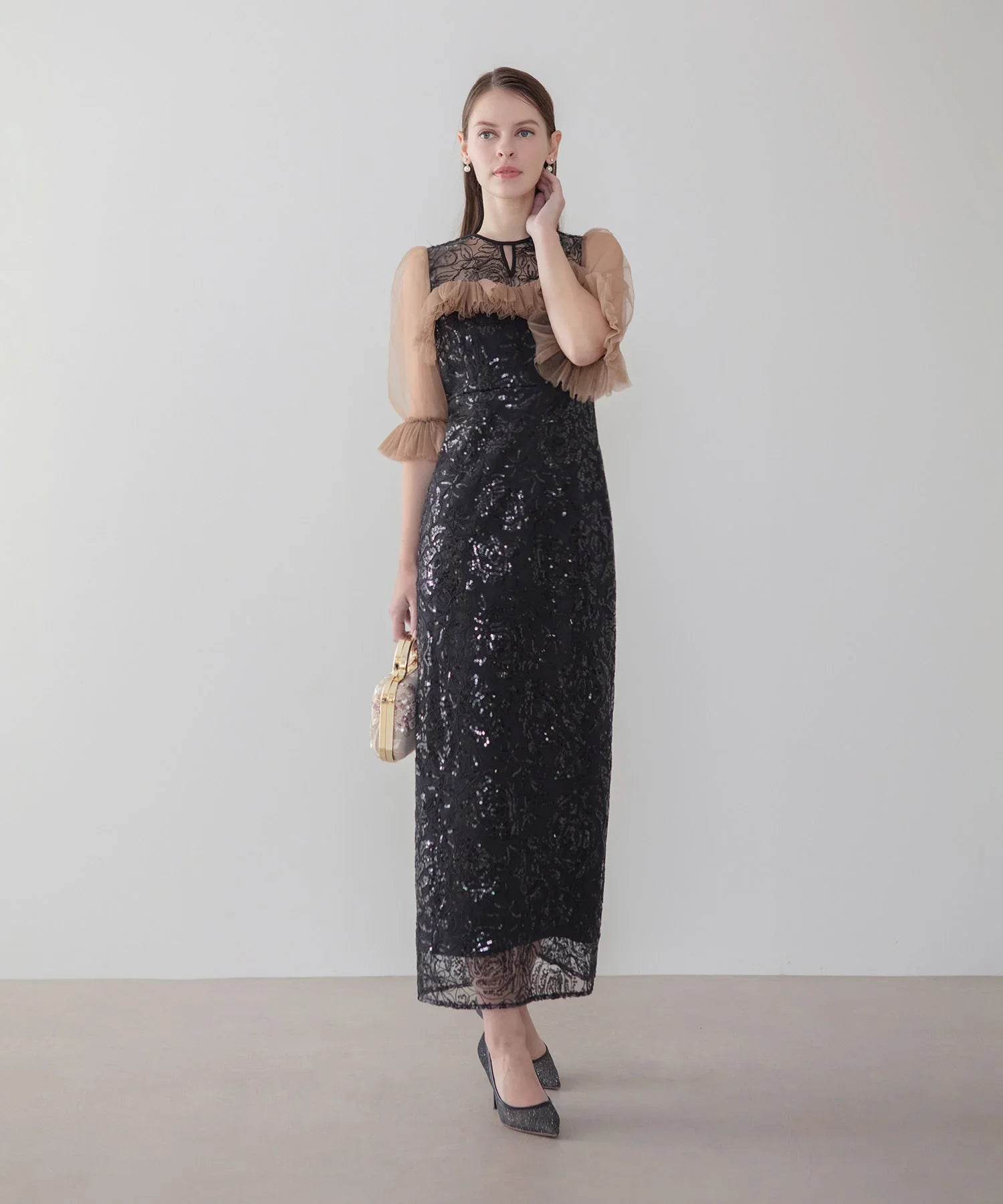 【当日発送】チュールギャザーフラワースパンコールIラインワンピースドレス