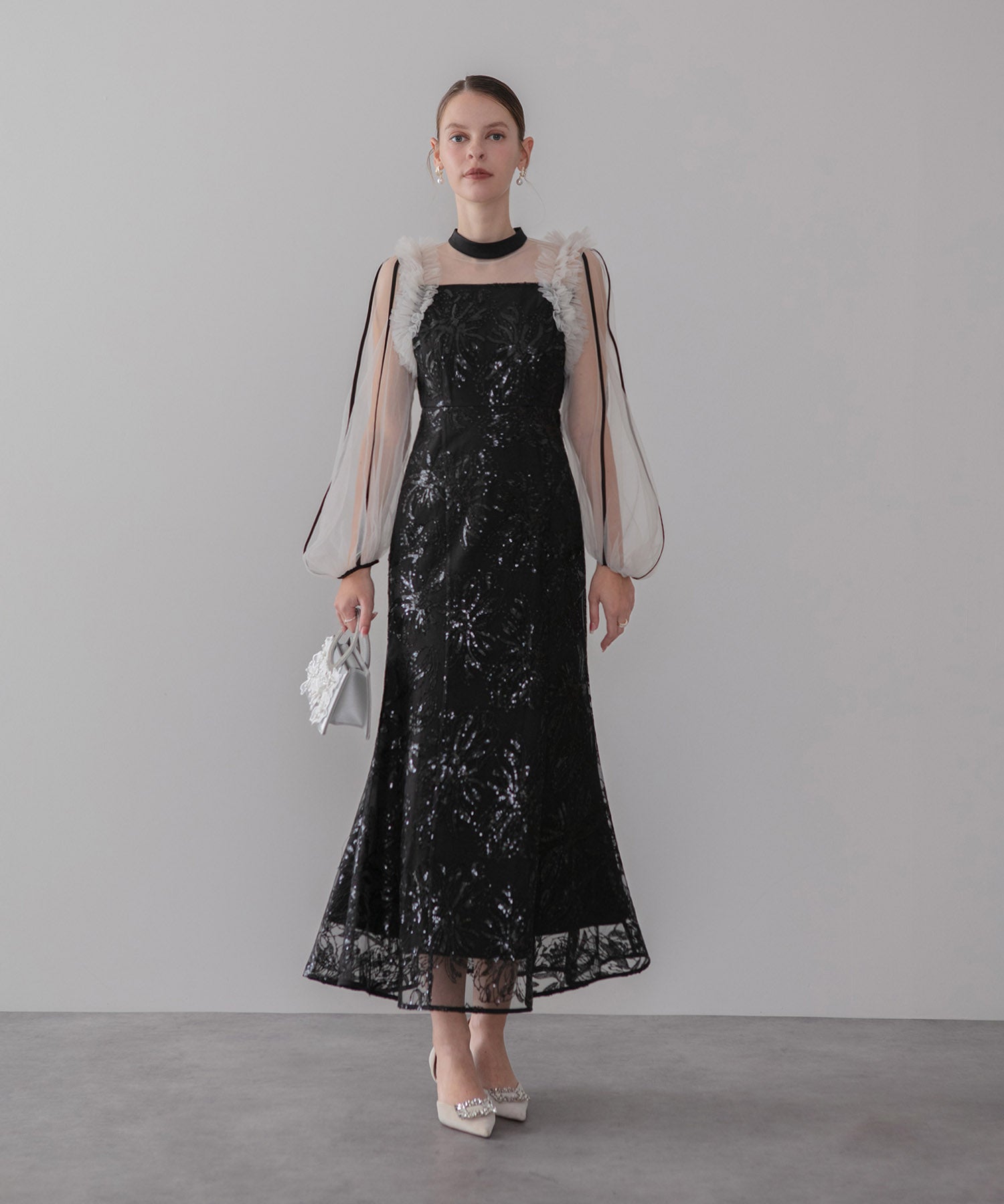 【当日発送】フラワースパンコールチュールフリルロングスリーブマーメイドワンピースドレス