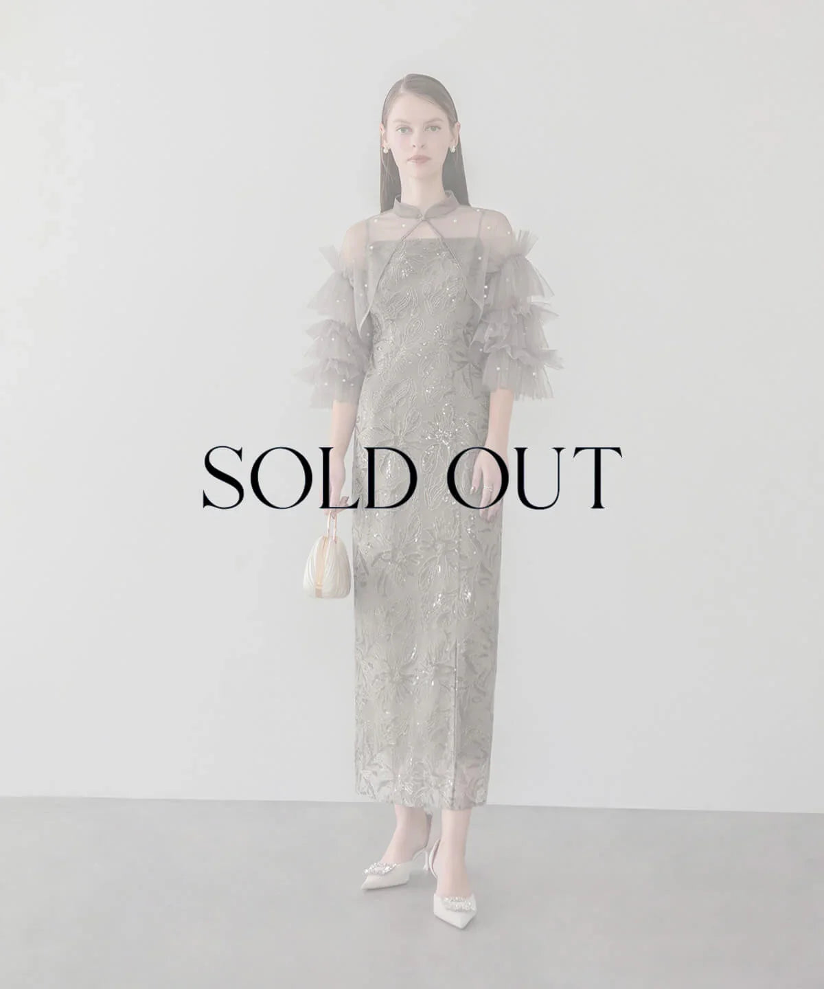 【SOLD OUT】パールフリルチュールボレロレイヤードIラインワンピースドレス