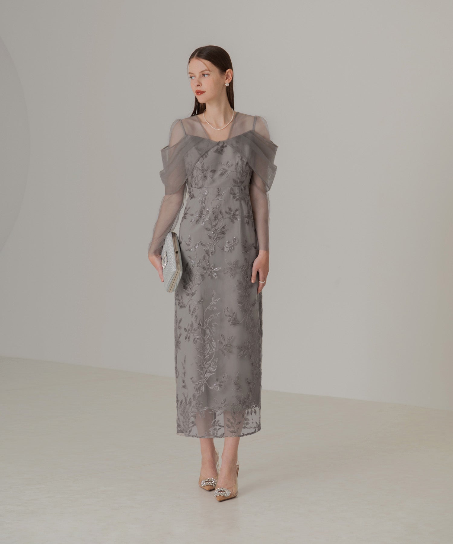 【一部当日発送】チュールロングスリーブリーフIラインワンピースドレス