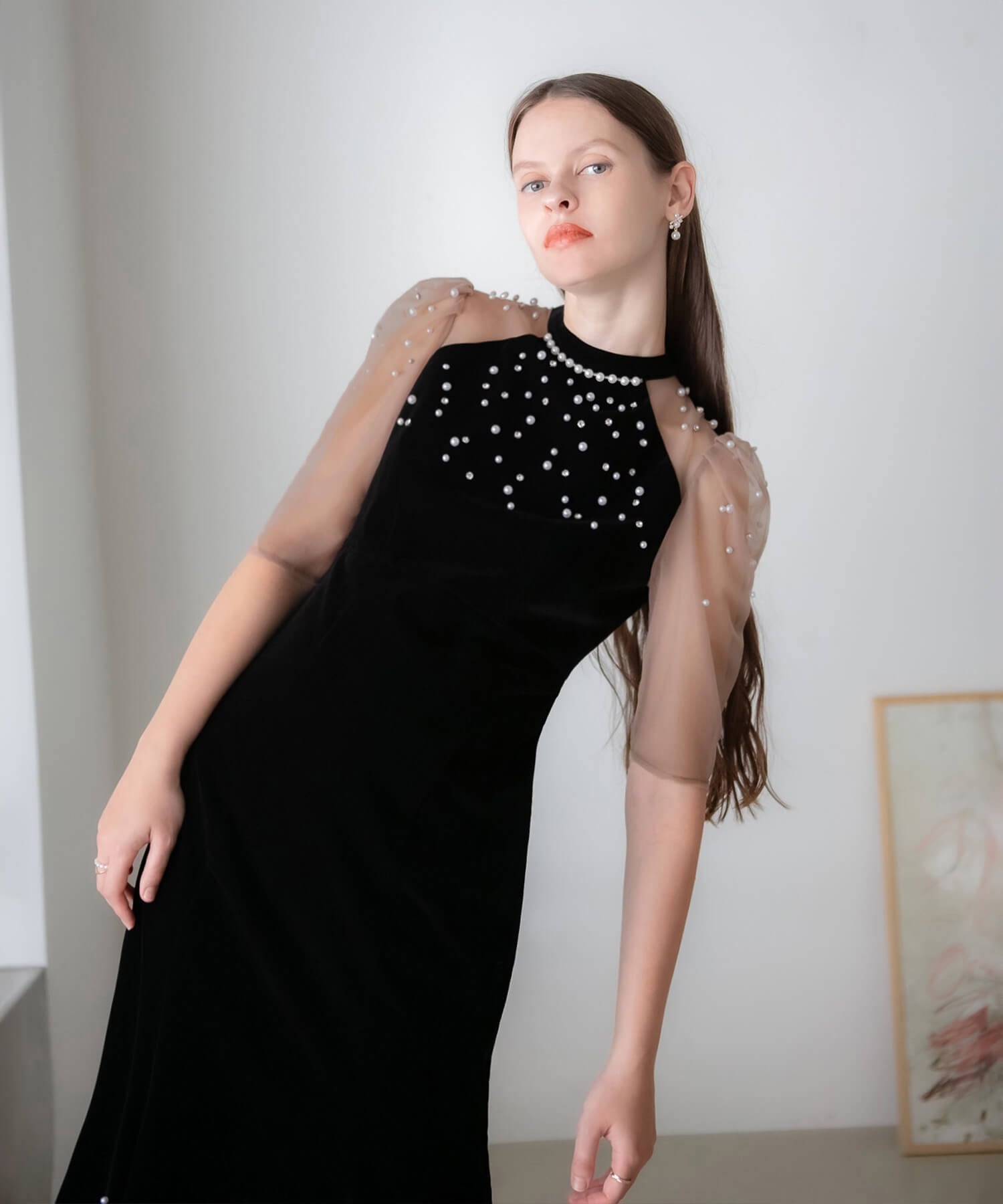 [Some items will be shipped the same day] Sheer sleeve pearl bejeweled velvet mermaid dress