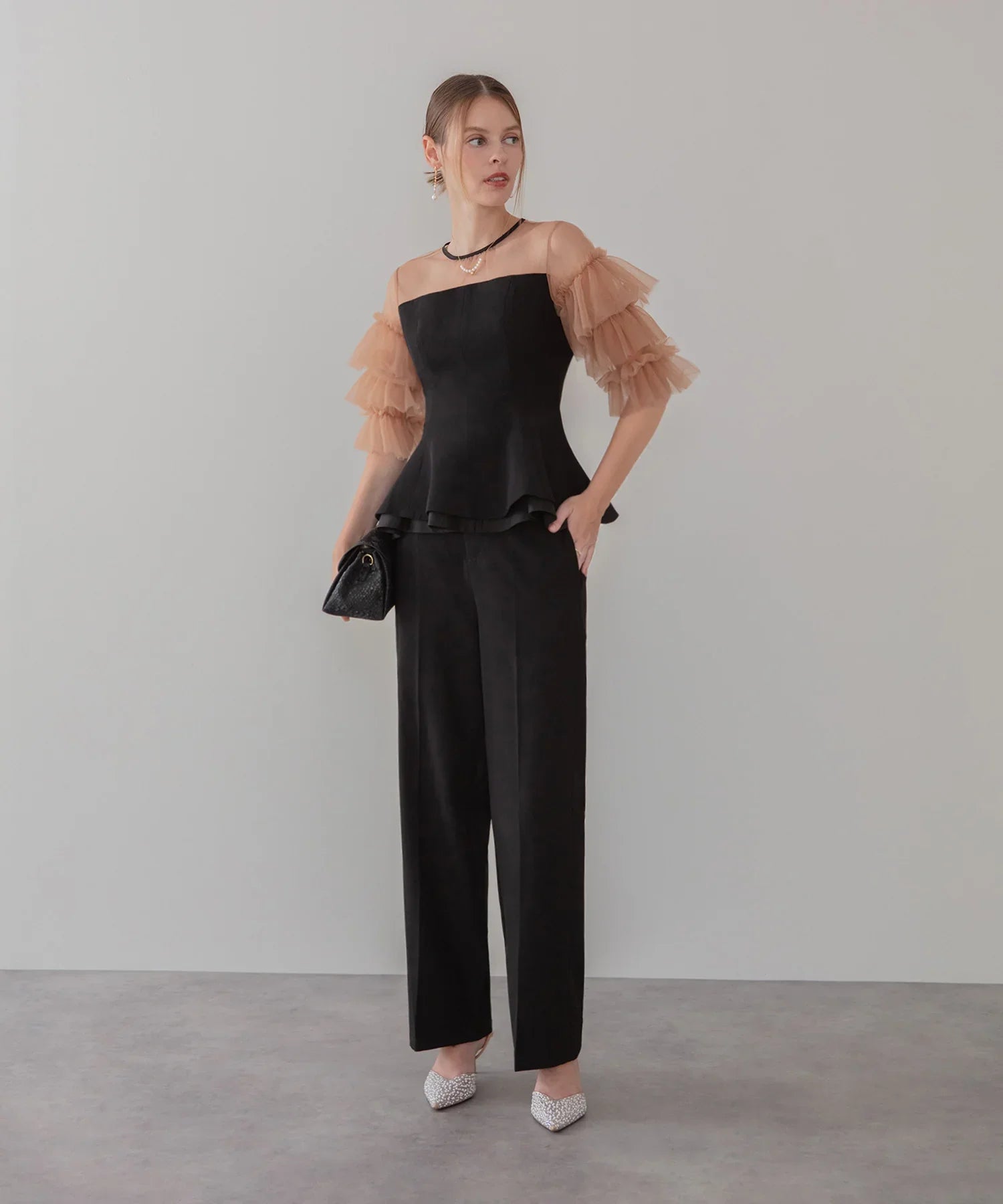 当日発送】チュールスリーブペプラムセットアップパンツドレス