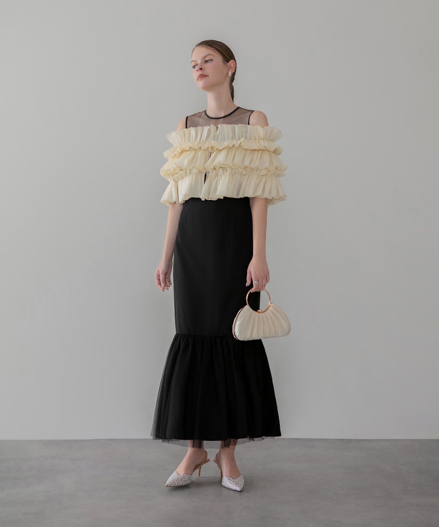 【COMING SOON】3WAYアシンメトリーチュールフリルワンピースドレス