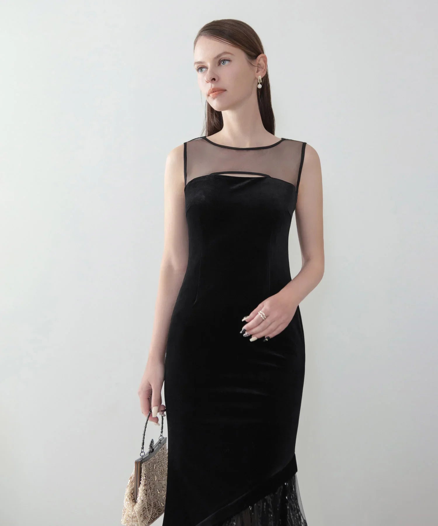 【LEJA LUXE】2WAYアシンメトリーフリルベロアマーメイドドレス