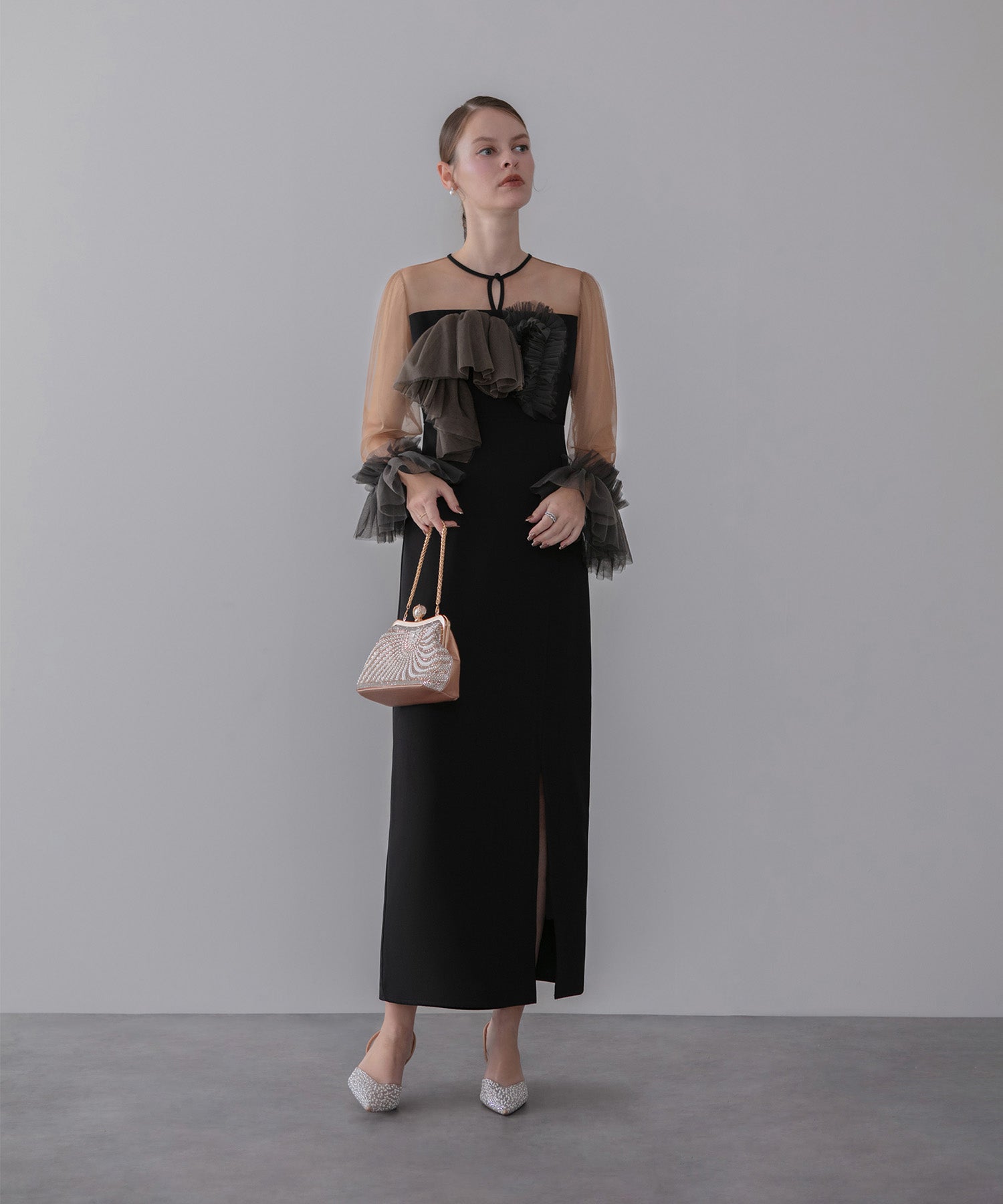 【当日発送】チュールフリルスリーブIラインワンピースドレス