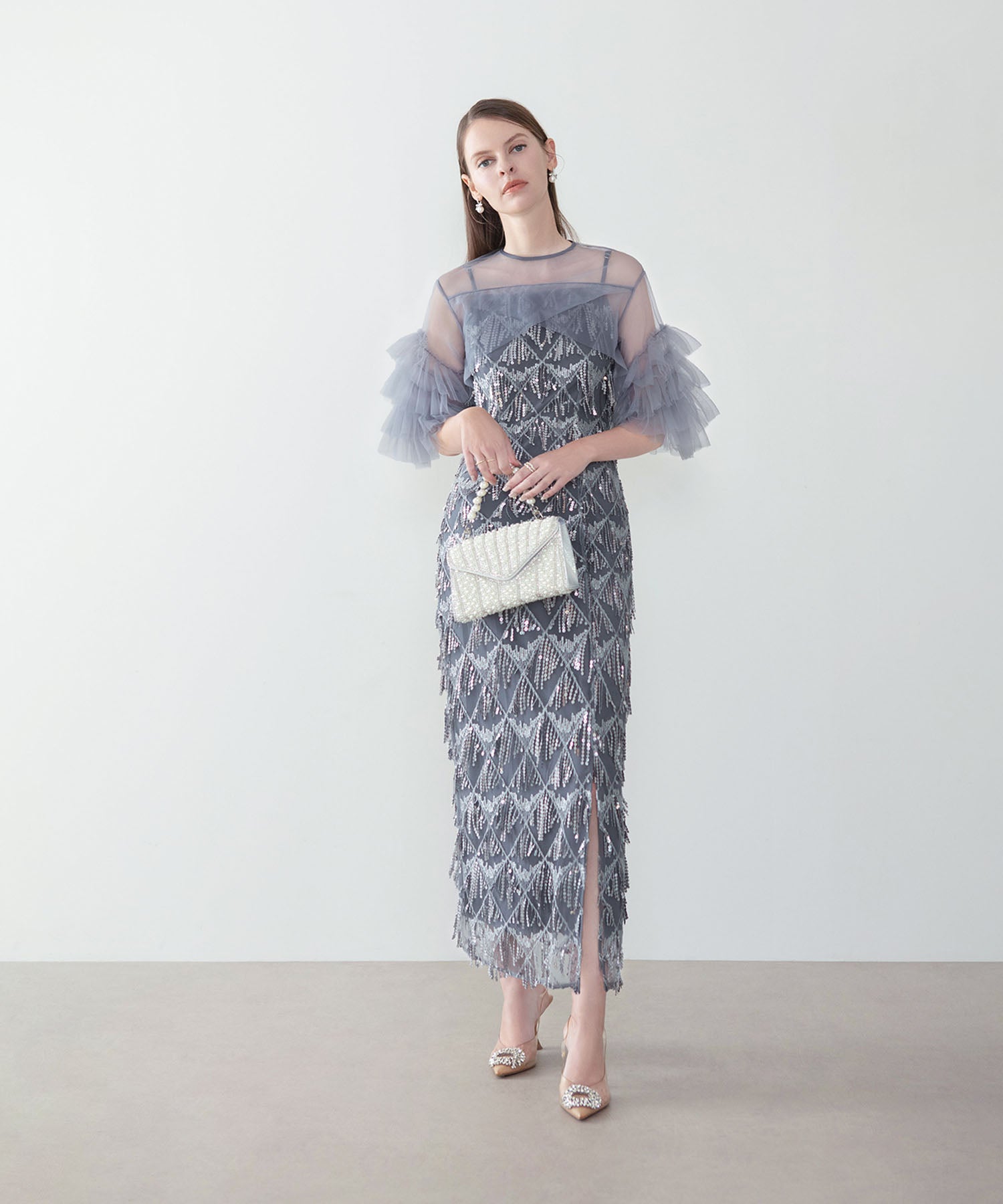 【当日発送】フリルチュールボレロフリンジスパンコールIラインワンピースドレス